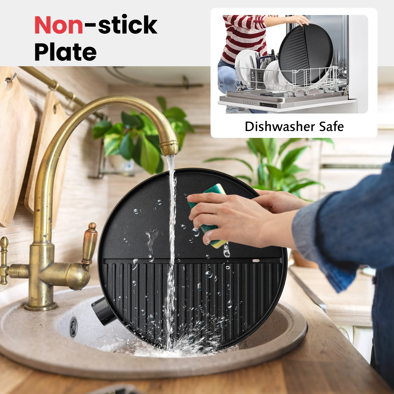 Electric BBQ Grill 1200W Indoor Outdoor Grill with 2-Zone Non-Stick Grilling Plate-RE, Red - Image 10