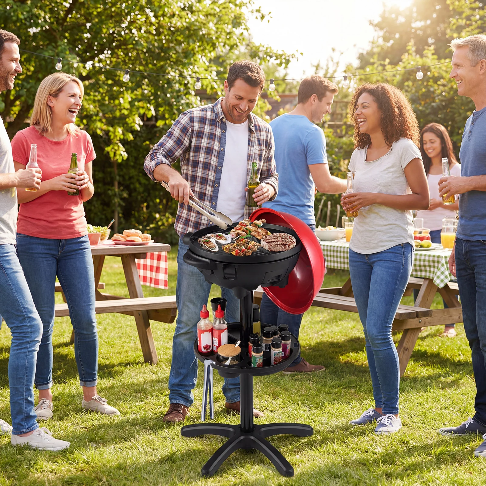 Electric BBQ Grill 1200W Indoor Outdoor Grill with 2-Zone Non-Stick Grilling Plate-RE, Red - Image 2