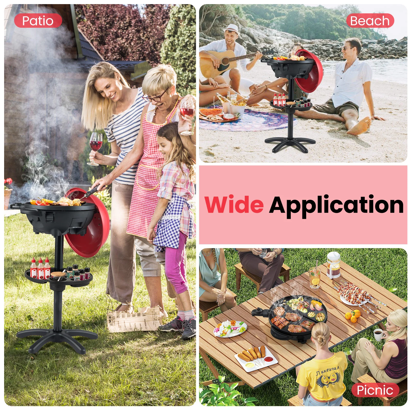 Electric BBQ Grill 1200W Indoor Outdoor Grill with 2-Zone Non-Stick Grilling Plate-RE, Red - Image 3