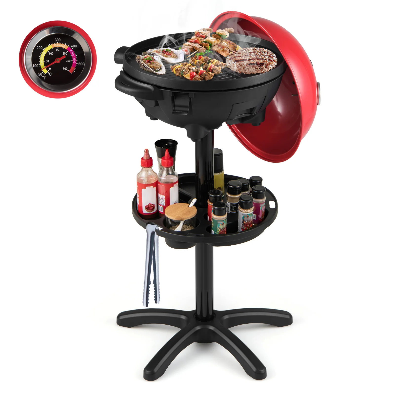 Electric BBQ Grill 1200W Indoor Outdoor Grill with 2-Zone Non-Stick Grilling Plate-RE, Red - Image 5