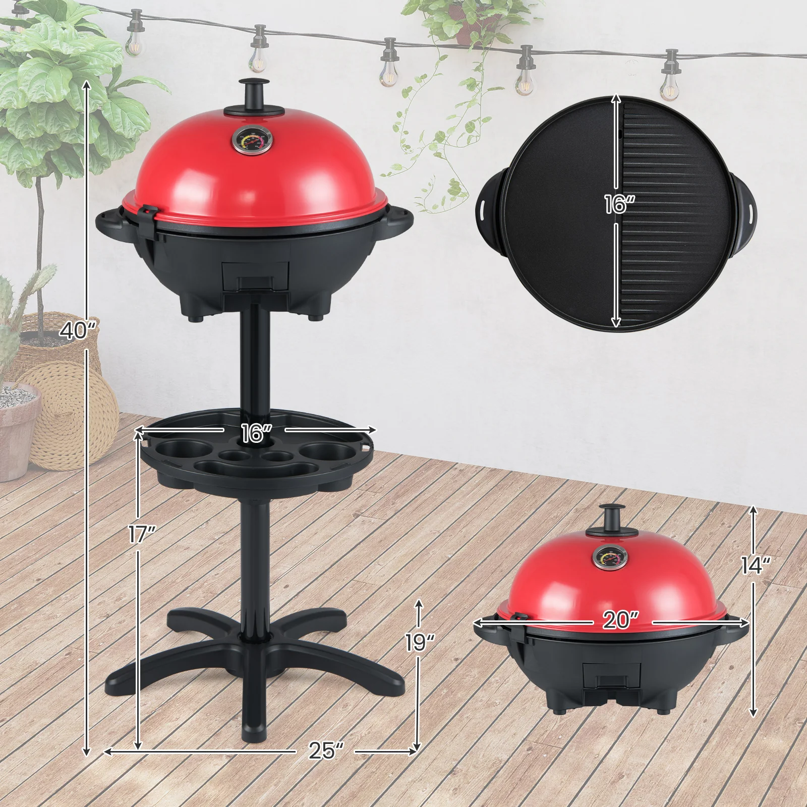Electric BBQ Grill 1200W Indoor Outdoor Grill with 2-Zone Non-Stick Grilling Plate-RE, Red - Image 6