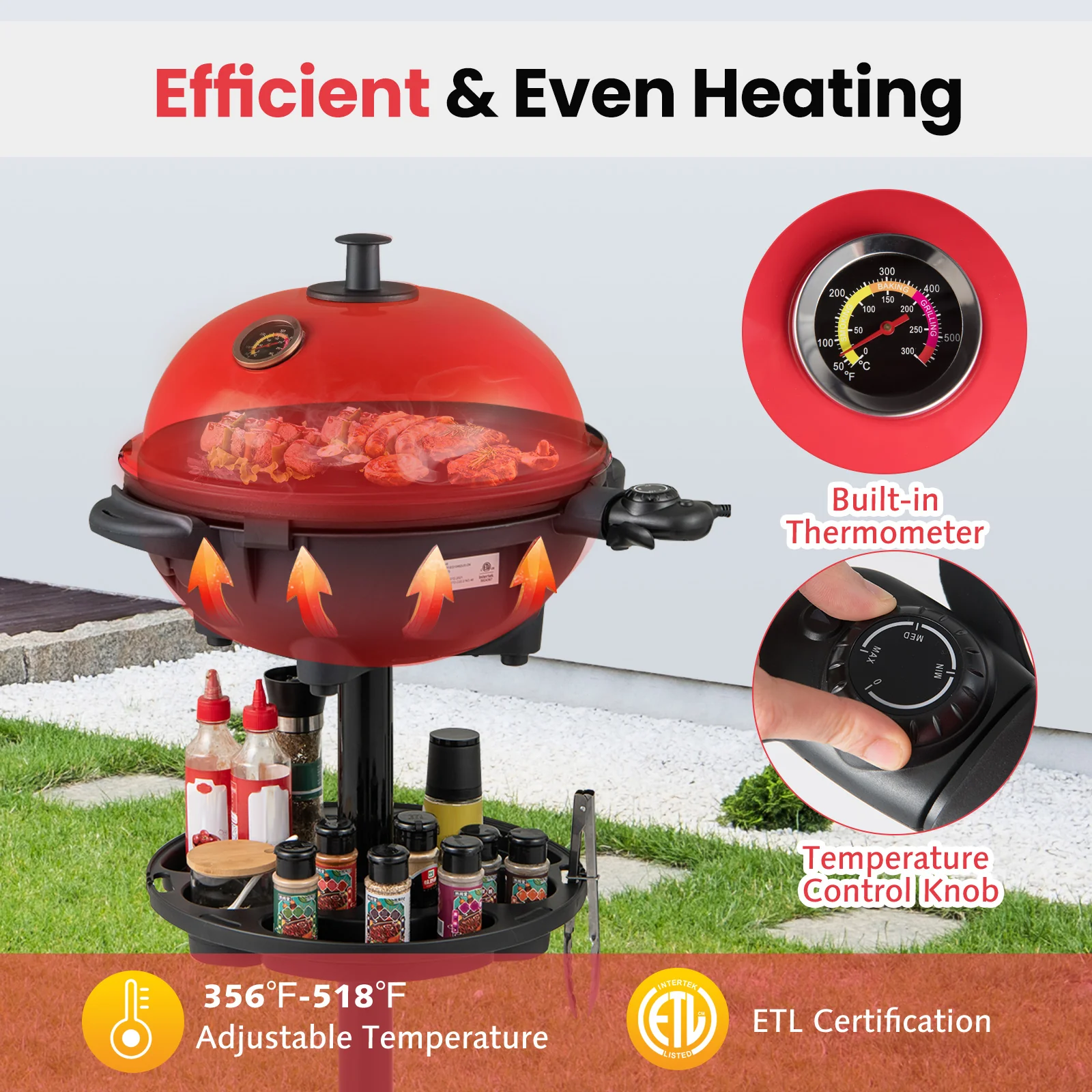 Electric BBQ Grill 1200W Indoor Outdoor Grill with 2-Zone Non-Stick Grilling Plate-RE, Red - Image 7