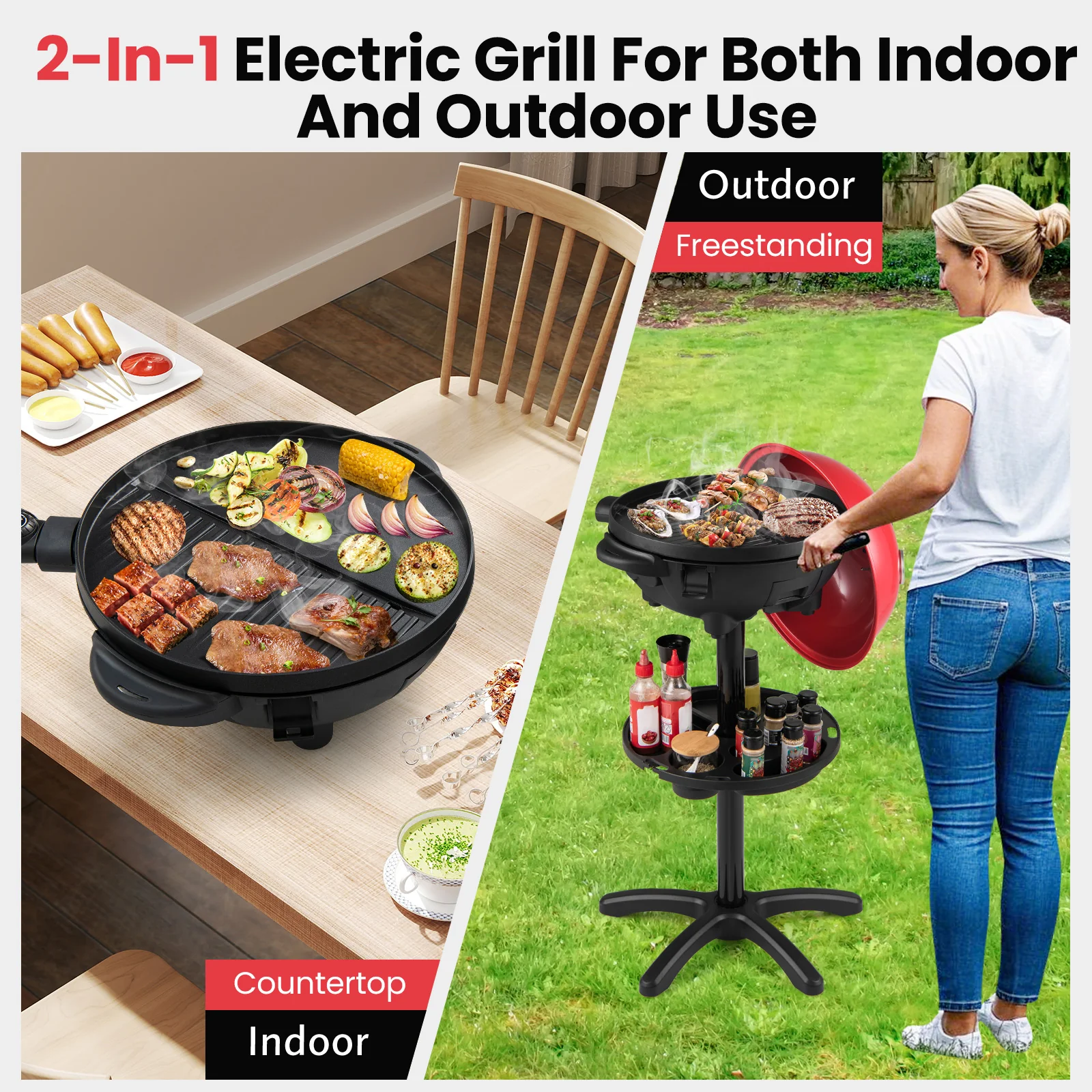 Electric BBQ Grill 1200W Indoor Outdoor Grill with 2-Zone Non-Stick Grilling Plate-RE, Red - Image 8