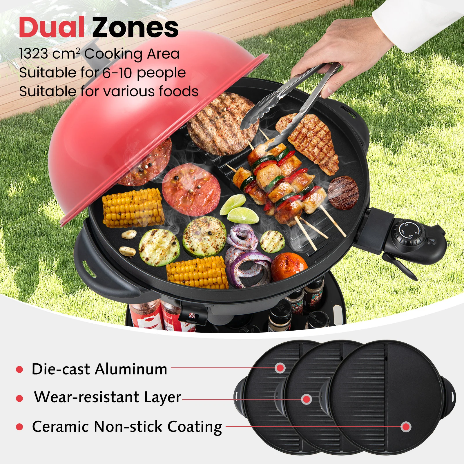 Electric BBQ Grill 1200W Indoor Outdoor Grill with 2-Zone Non-Stick Grilling Plate-RE, Red - Image 9