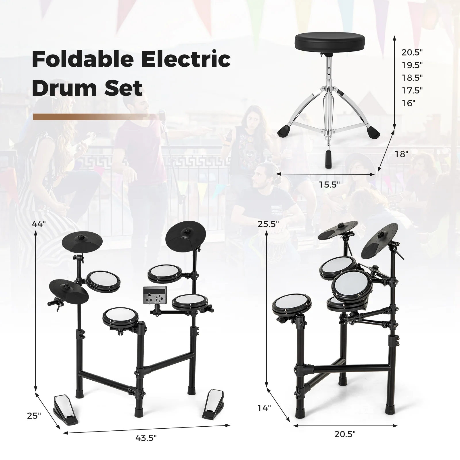 Electric Drum Set, Foldable Kit, 10 Demos, USB MIDI, 2 Drumsticks, Black - Image 5