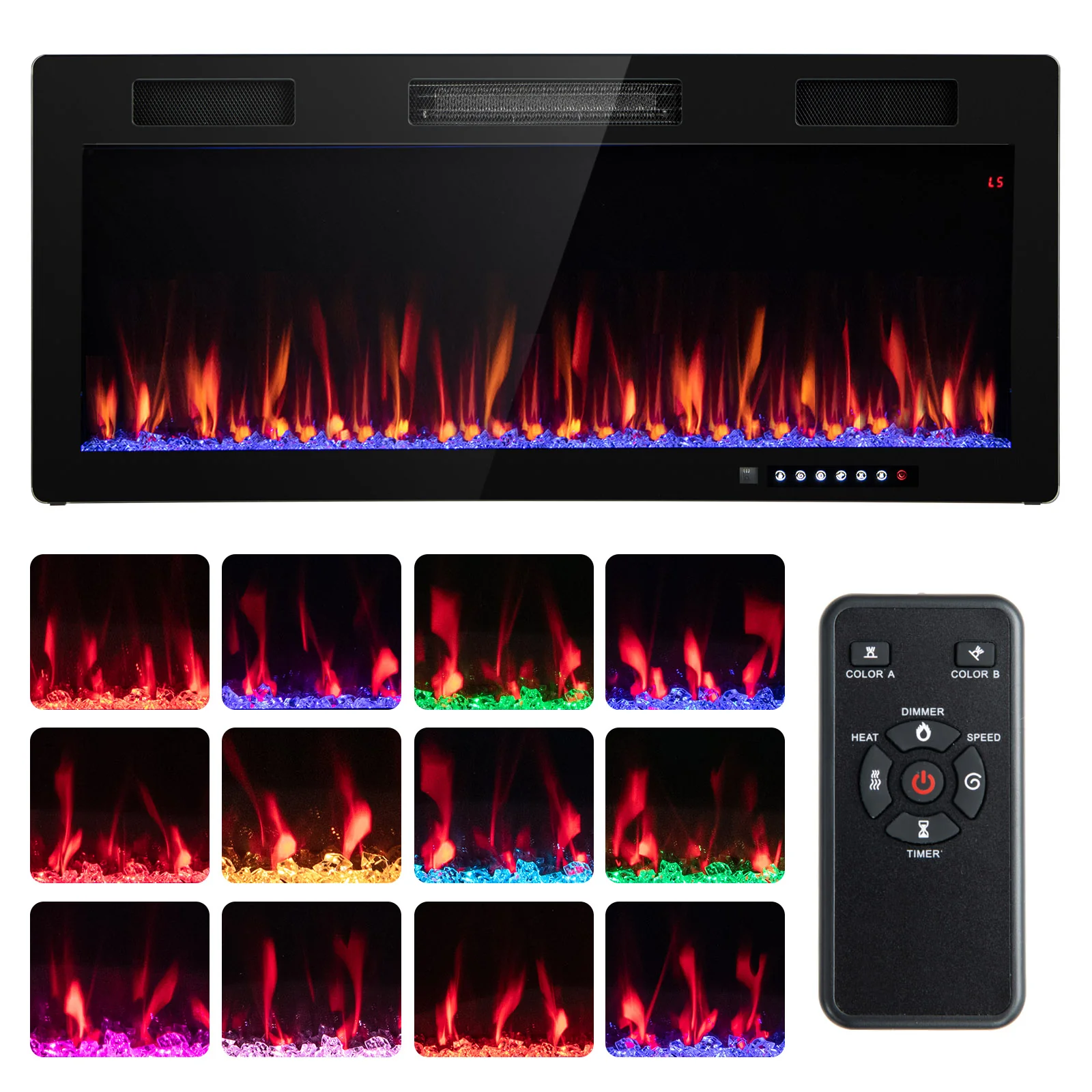 Electric Fireplace, 40 Inches, Recessed Wall Mount, Black