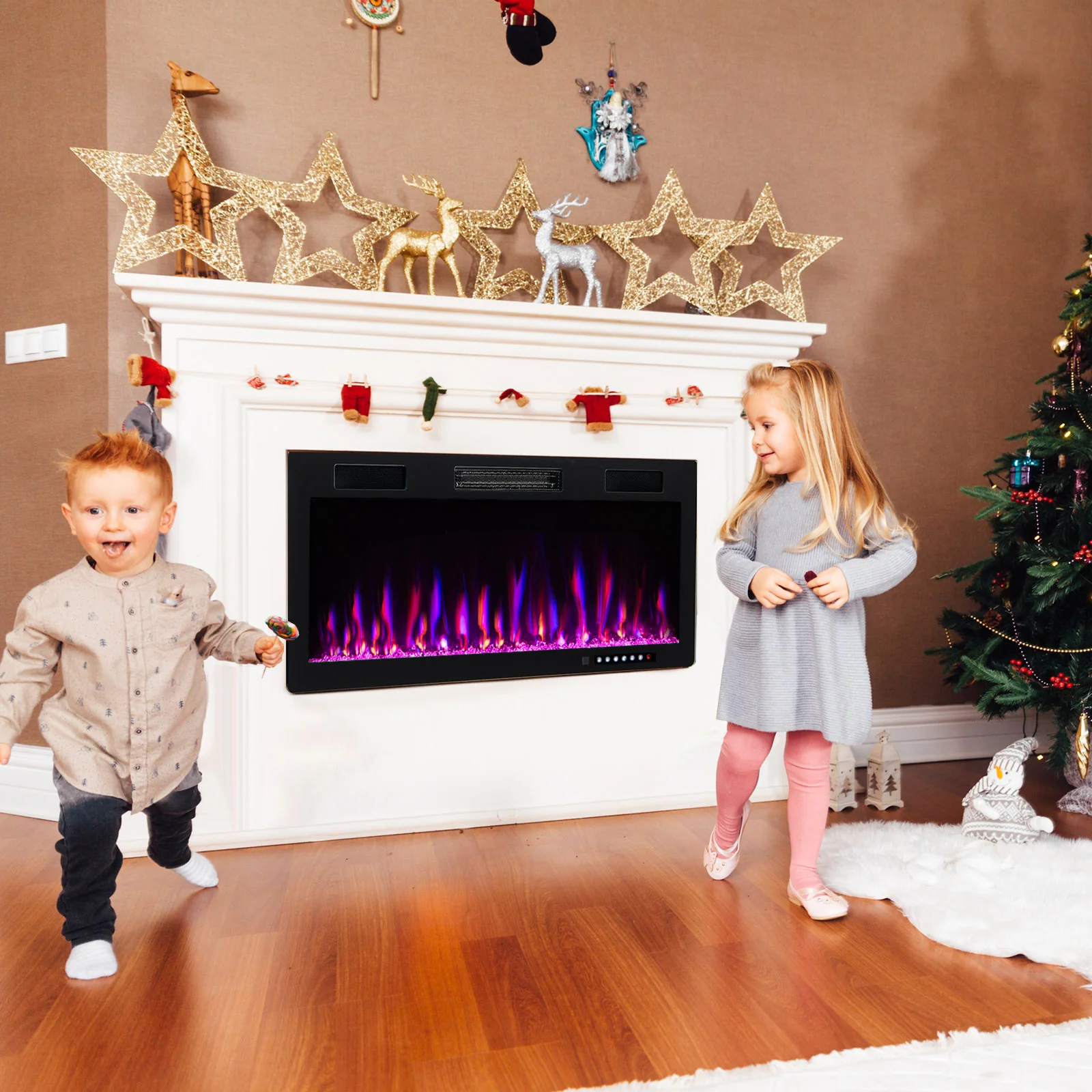 Electric Fireplace, 40 Inches, Recessed Wall Mount, Black - Image 2
