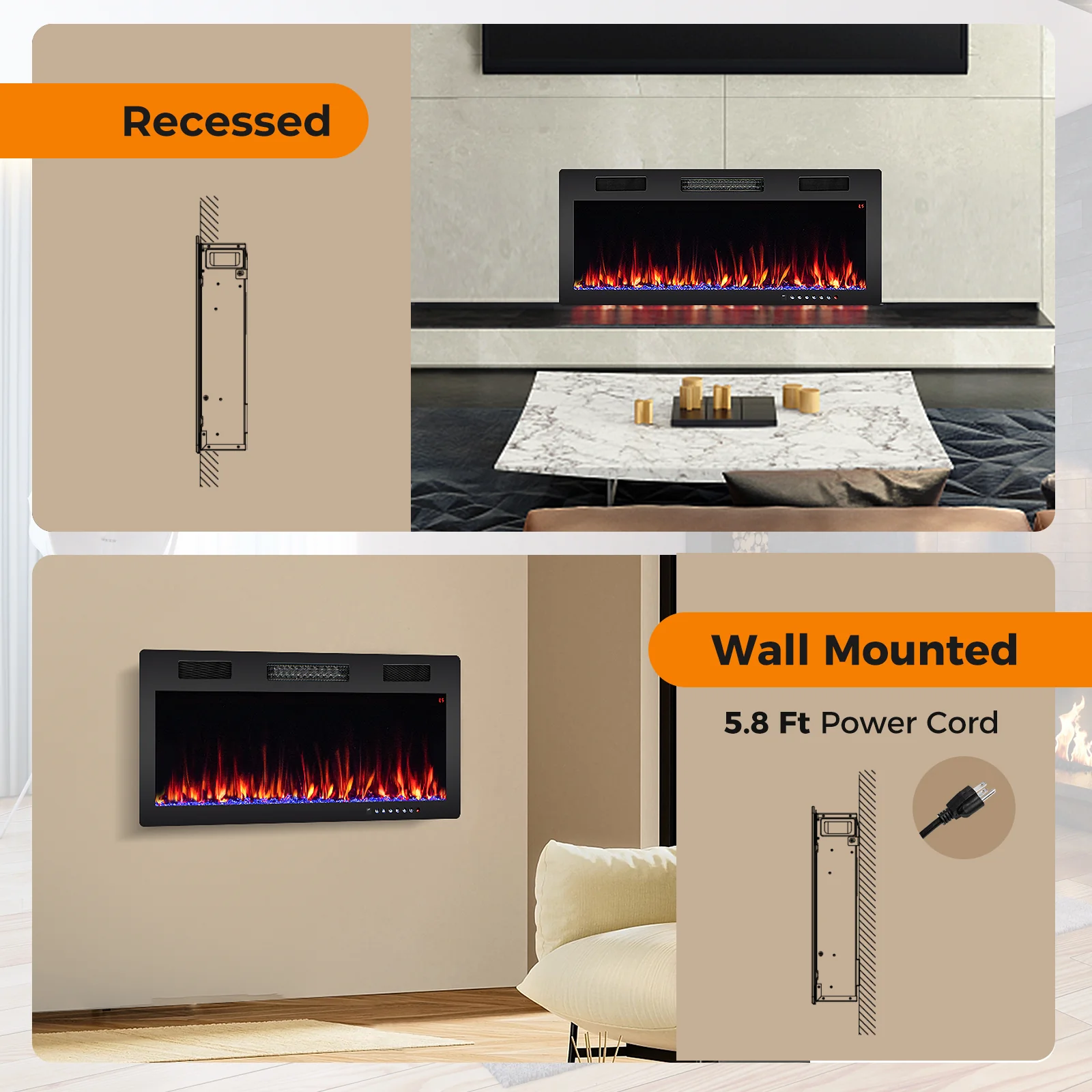 Electric Fireplace, 40 Inches, Recessed Wall Mount, Black - Image 9