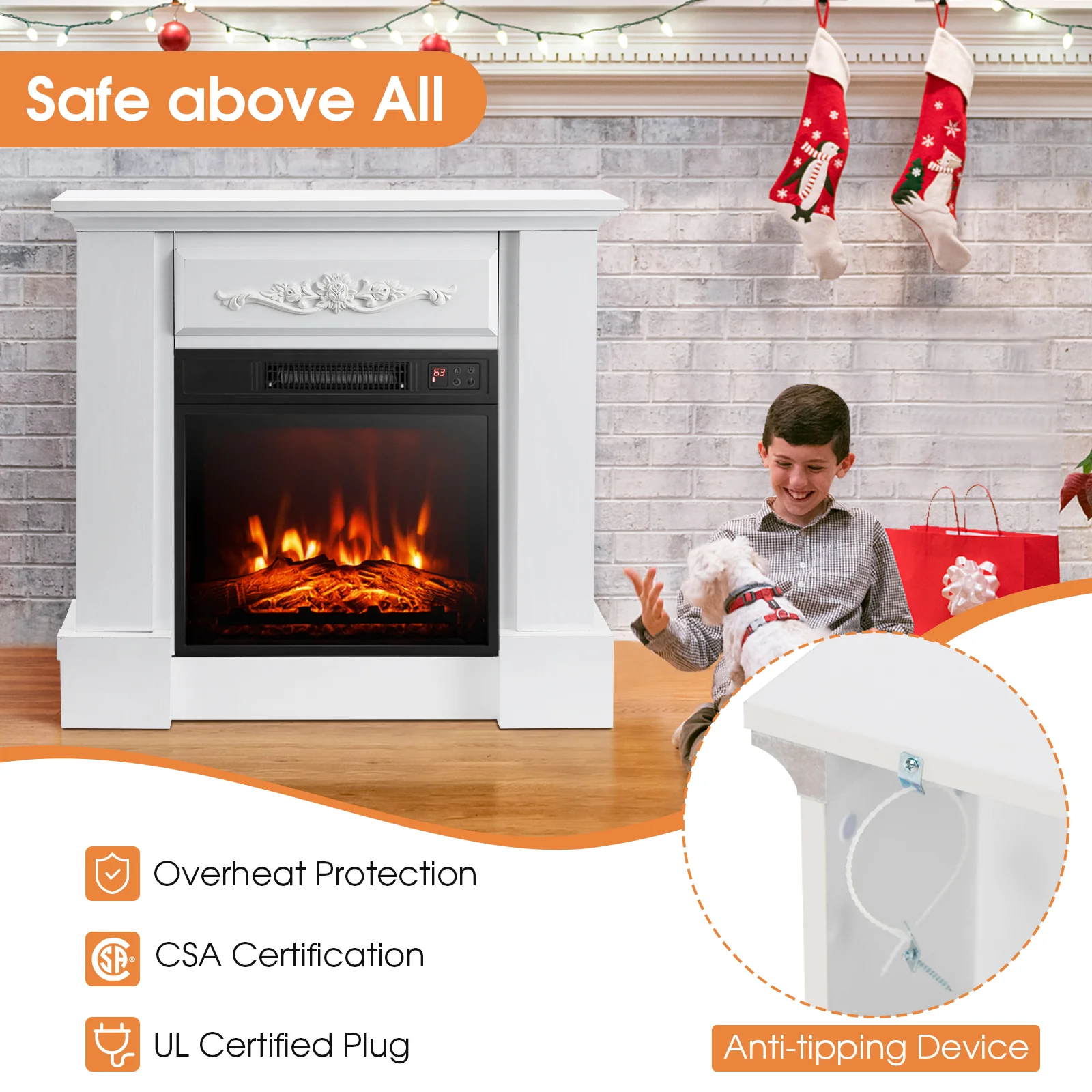 Electric Fireplace Mantel, 1400W, Remote Control, White - Image 6