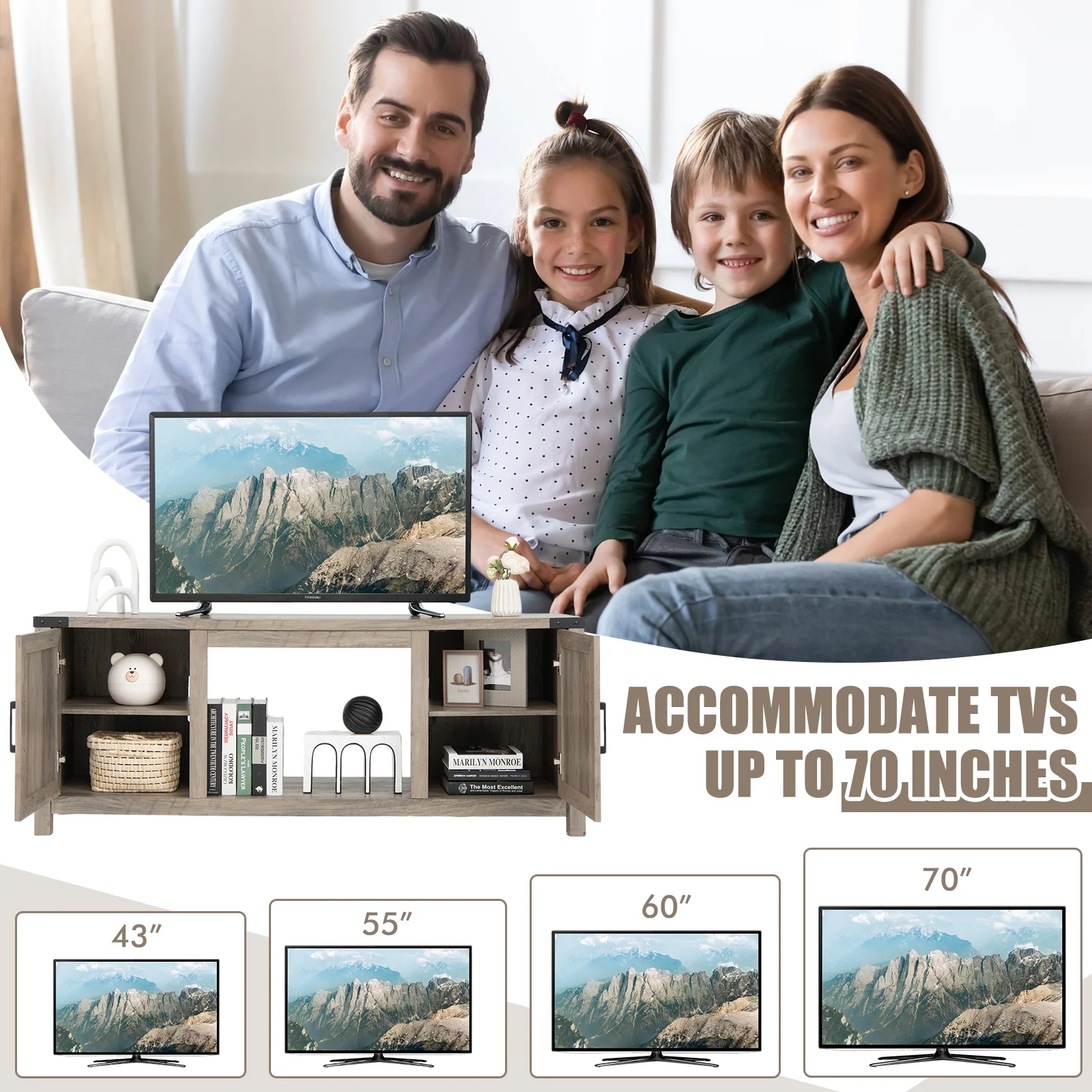 Electric Fireplace TV Stand, Storage Cabinets, For 70 Inch TVs, Natural - Image 10