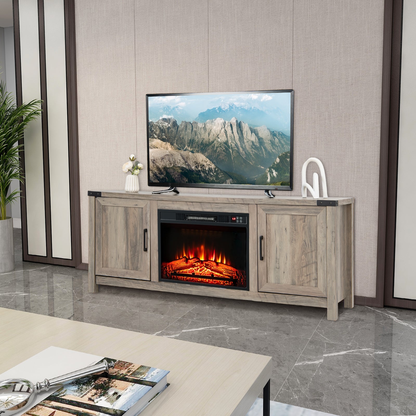 Electric Fireplace TV Stand, Storage Cabinets, For 70 Inch TVs, Natural - Image 2