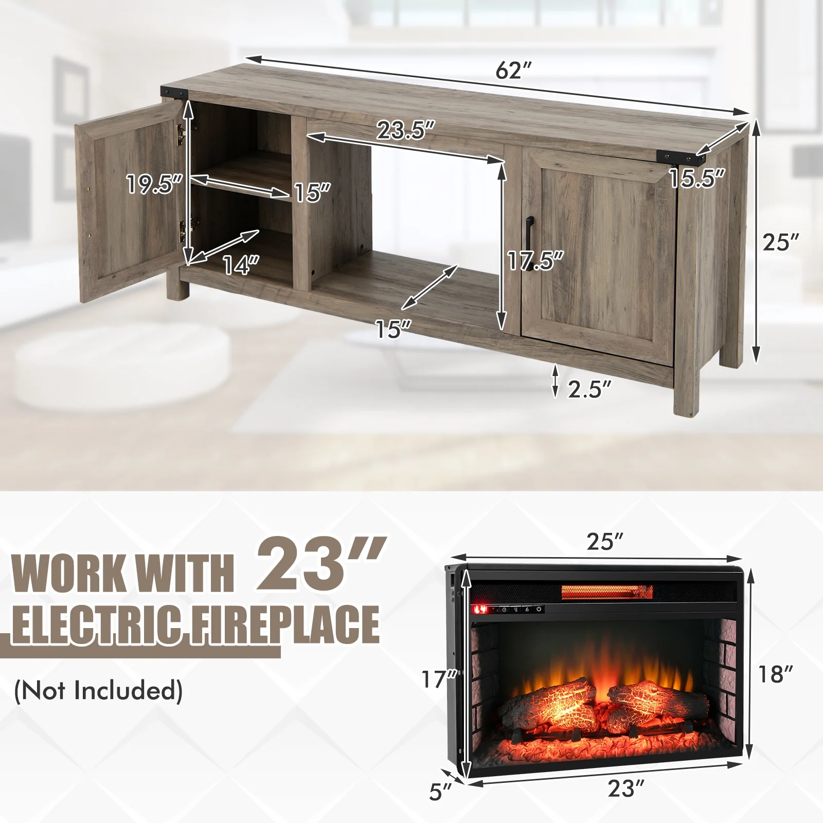 Electric Fireplace TV Stand, Storage Cabinets, For 70 Inch TVs, Natural - Image 6