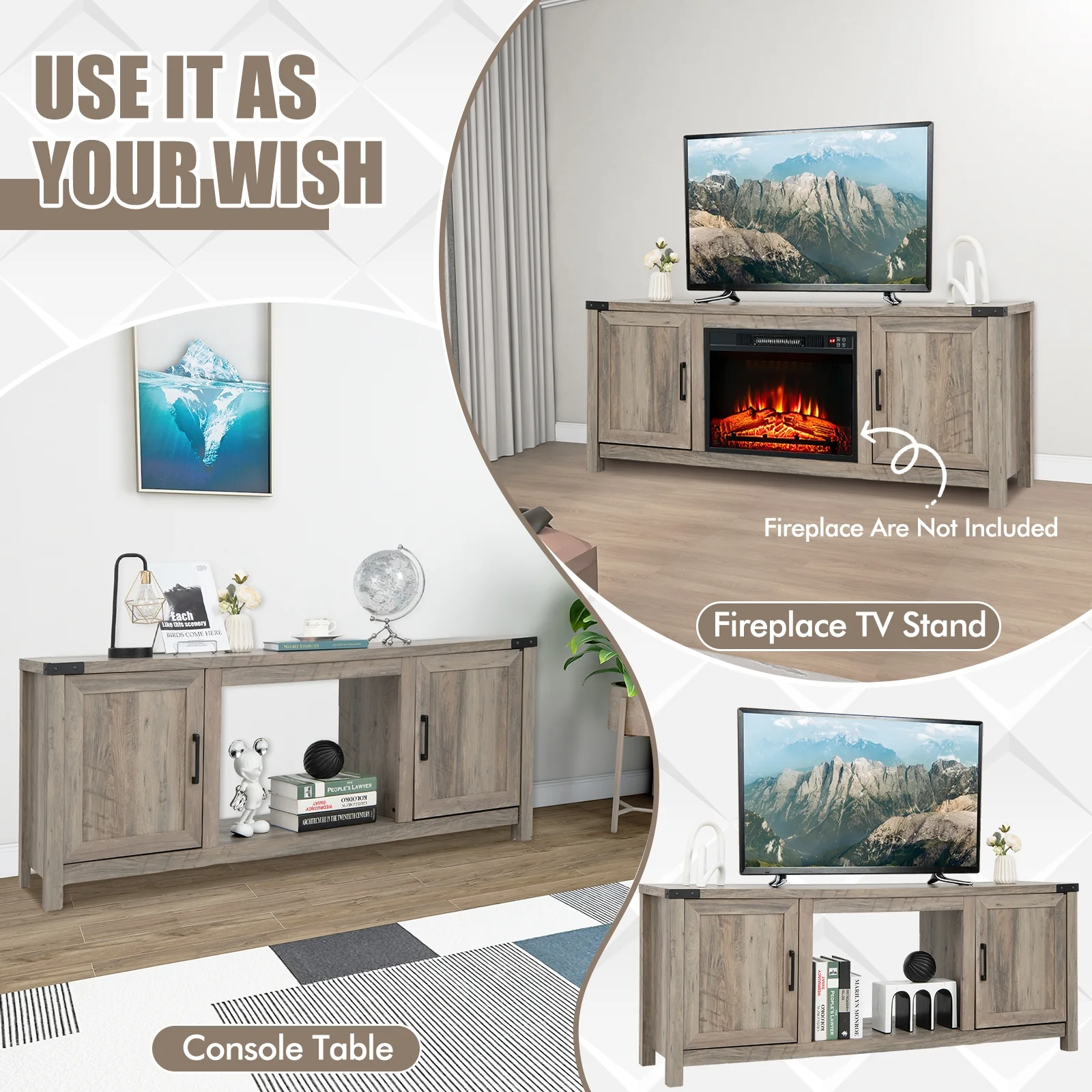 Electric Fireplace TV Stand, Storage Cabinets, For 70 Inch TVs, Natural - Image 7