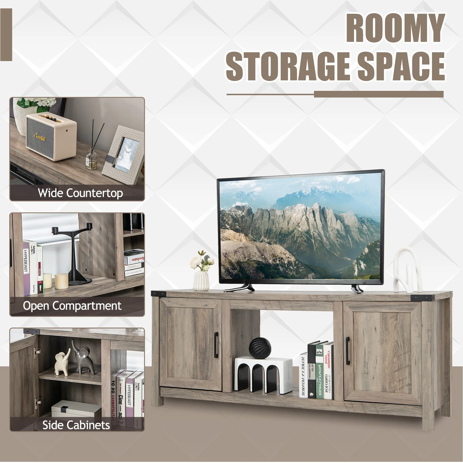 Electric Fireplace TV Stand, Storage Cabinets, For 70 Inch TVs, Natural - Image 8