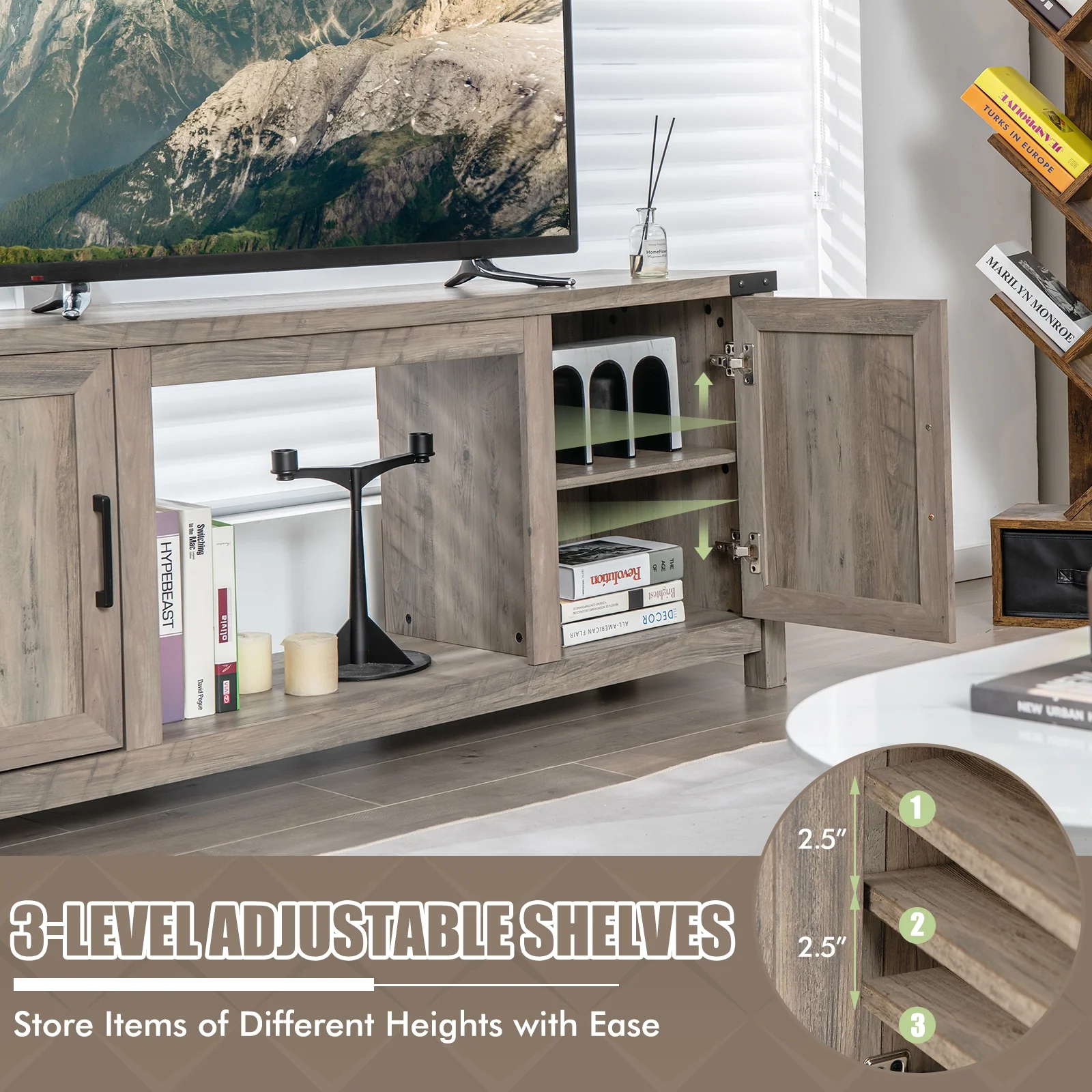 Electric Fireplace TV Stand, Storage Cabinets, For 70 Inch TVs, Natural - Image 9
