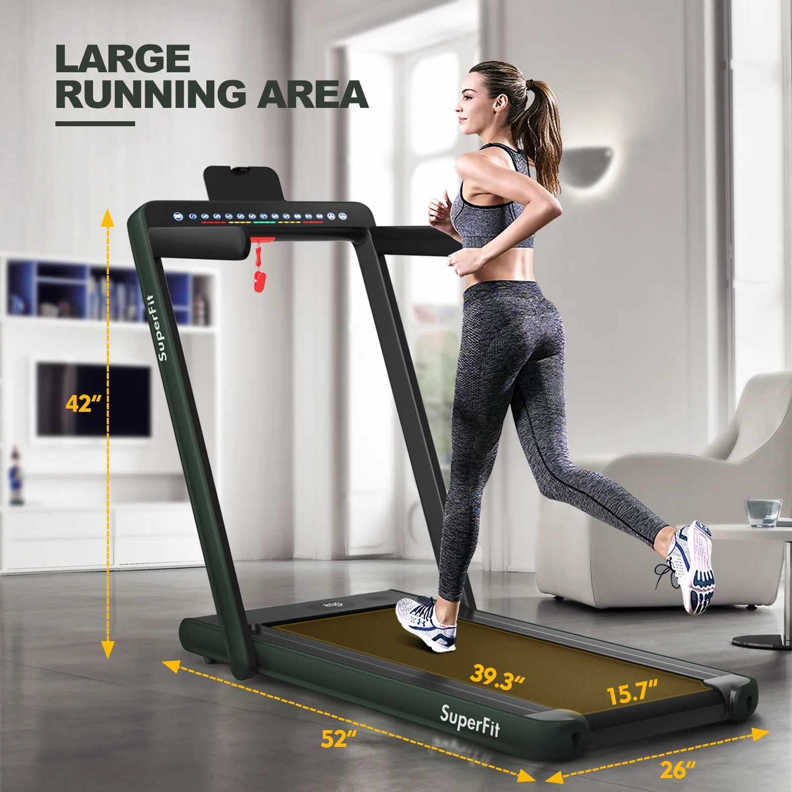 Electric Folding Treadmill, Dual Display, Speaker, Green - Image 5