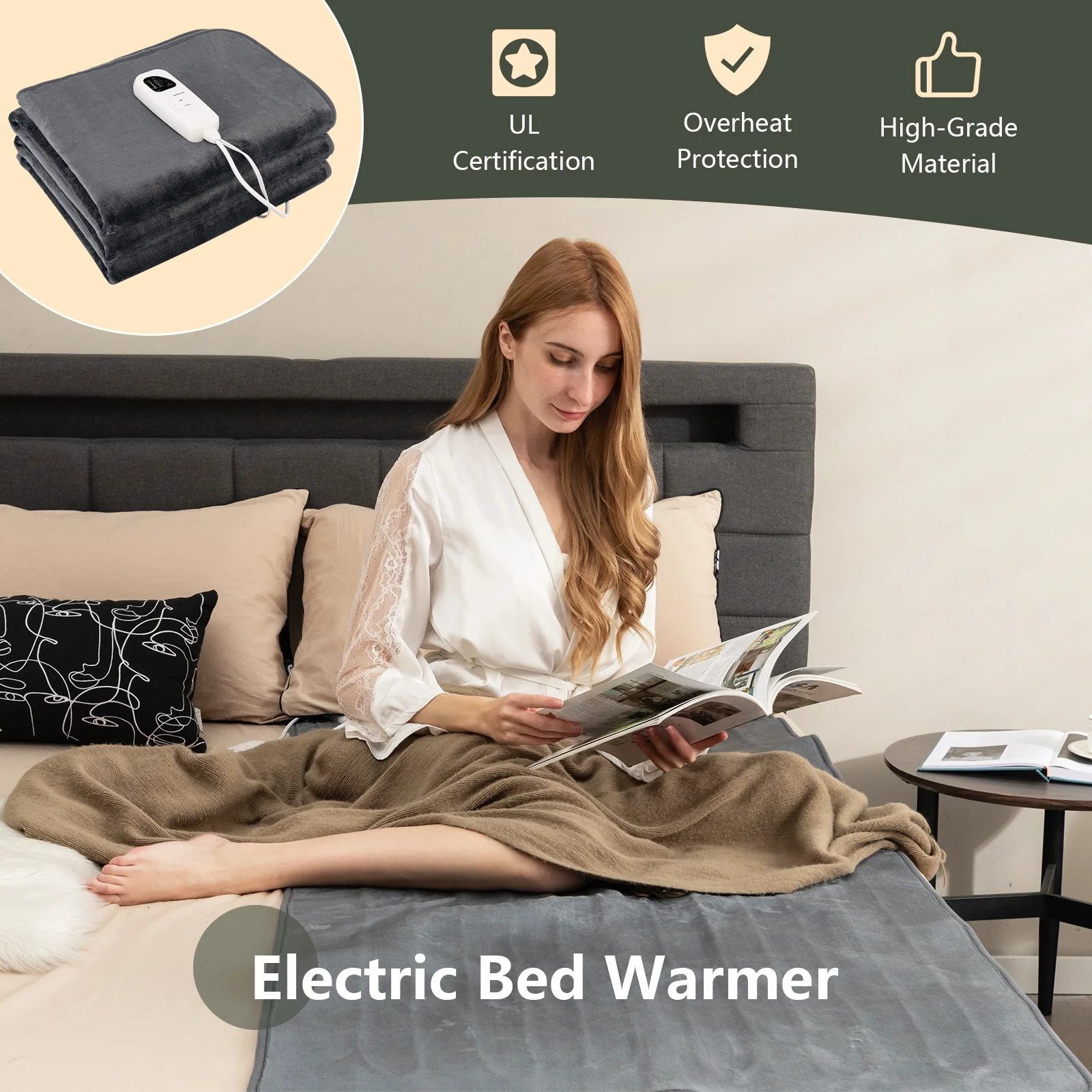 Electric Heated Mattress Pad, 5 Heating Levels, Overheat Protection, Gray - Image 7