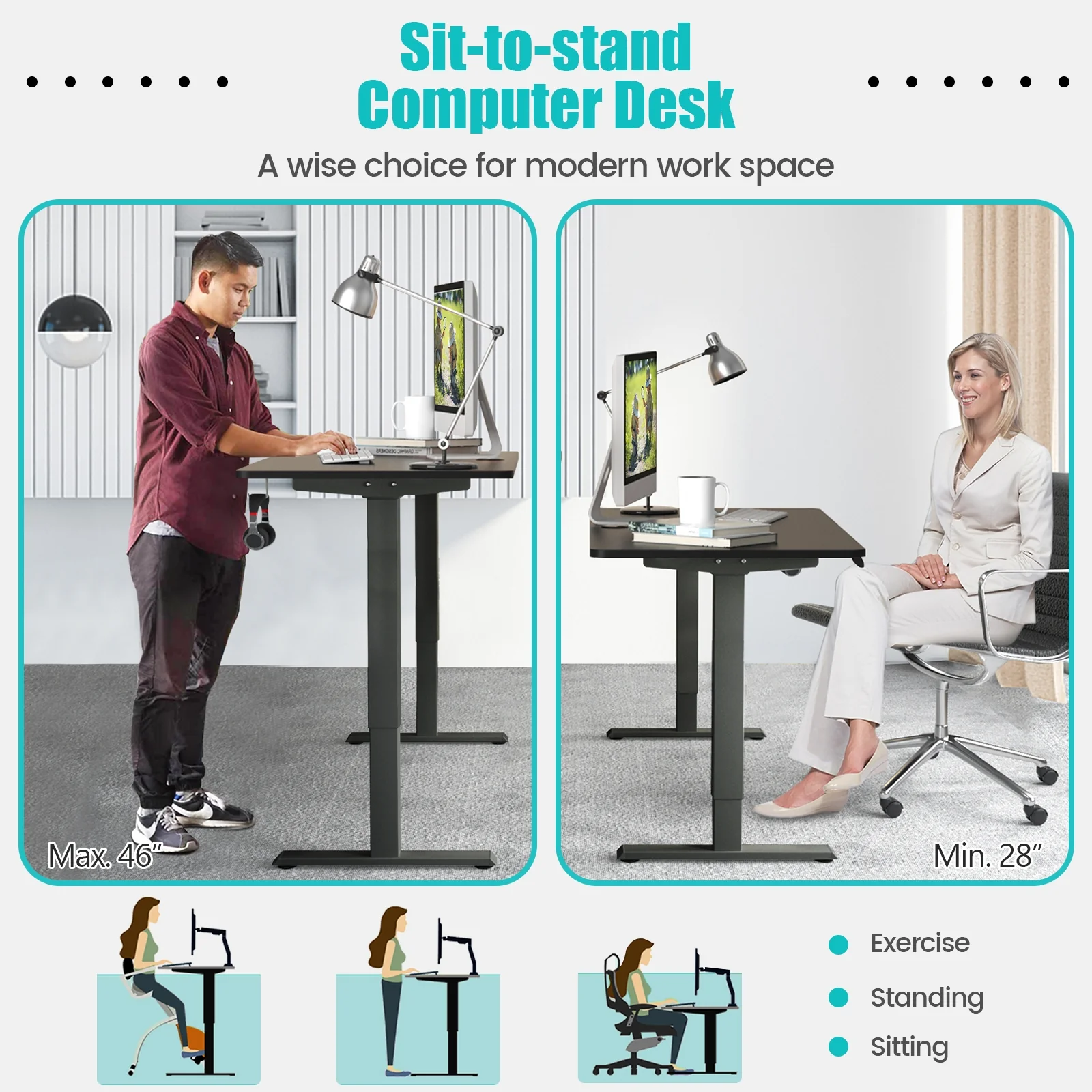 Electric Height Adjustable Standing Desk, Black - Image 6