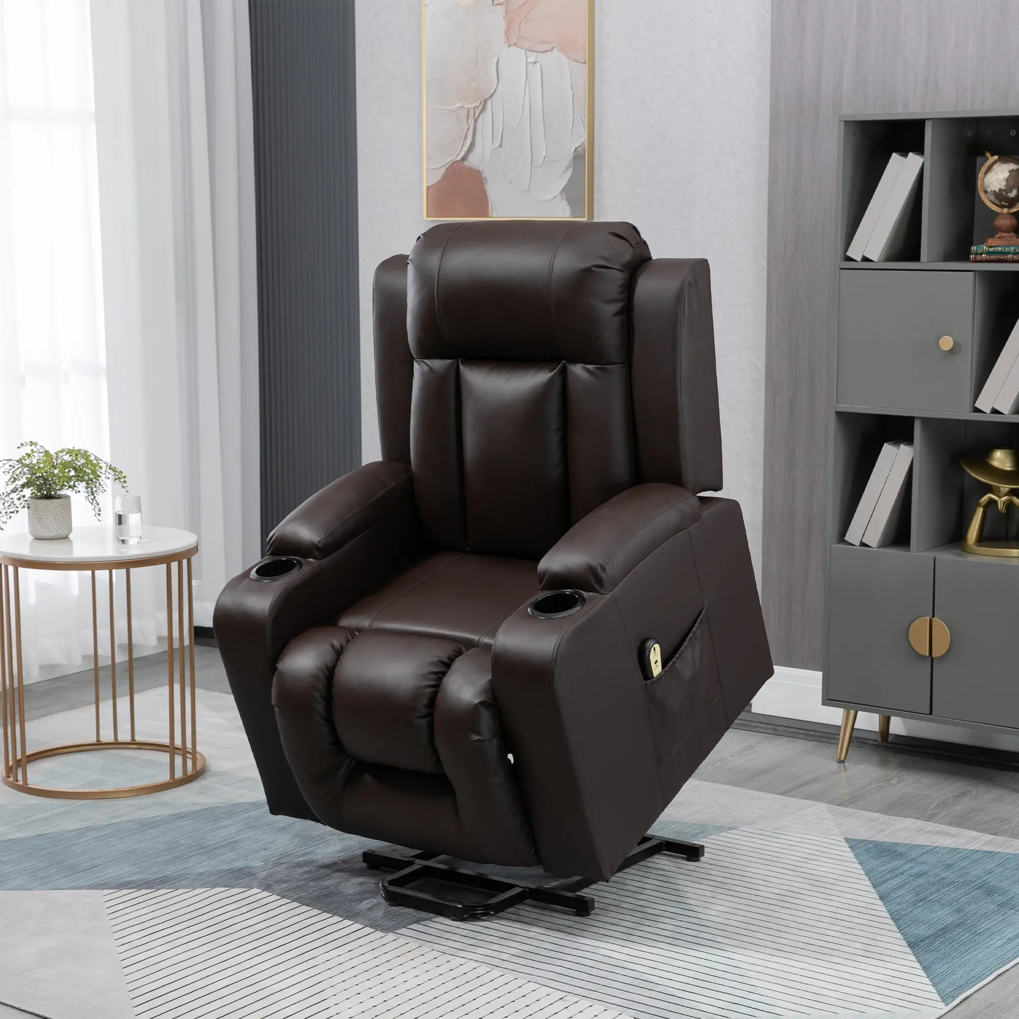 Electric Power Lift Chair, PU Leather Recliner Sofa with Footrest, Remote Control and Cup Holders, Brown - Image 2