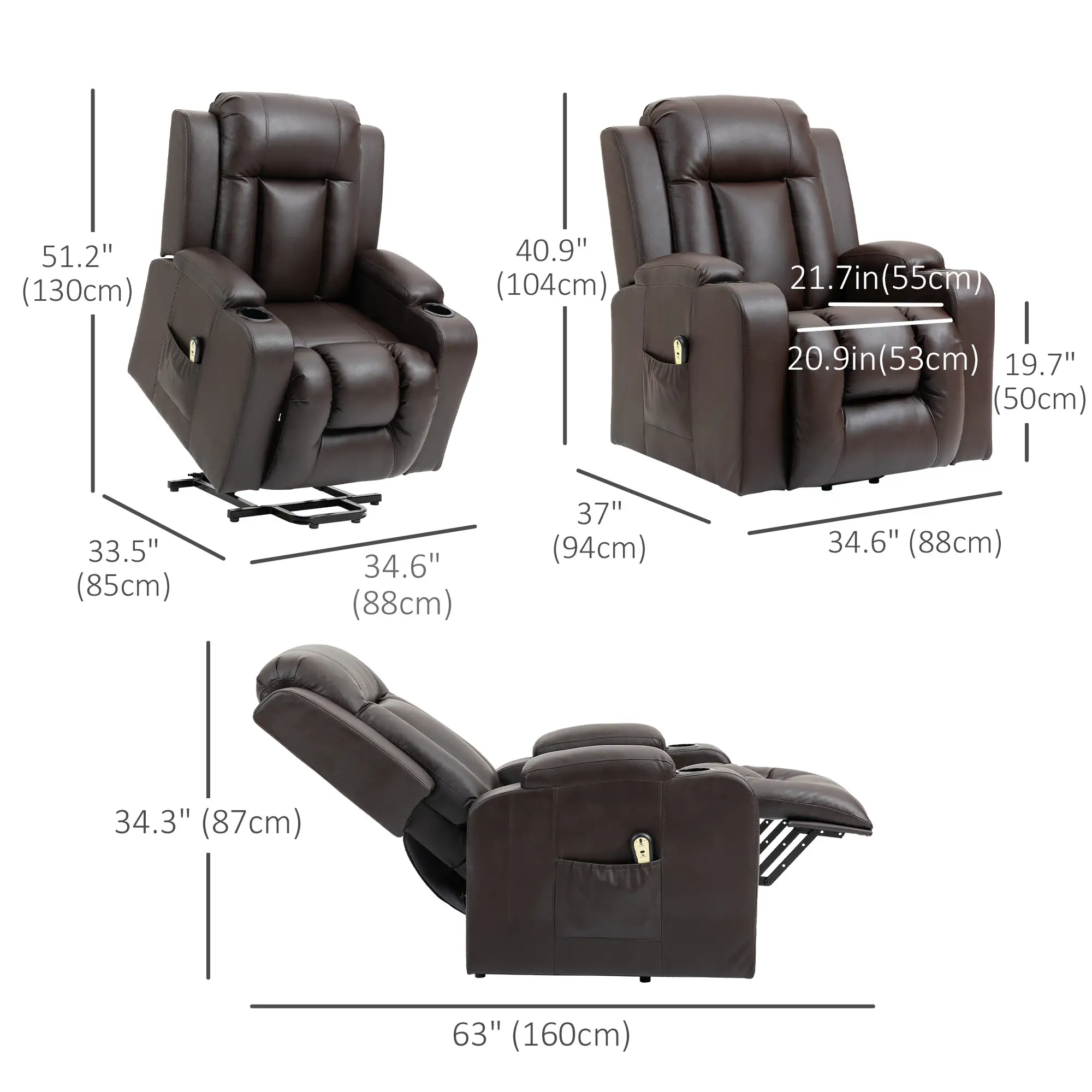 Electric Power Lift Chair, PU Leather Recliner Sofa with Footrest, Remote Control and Cup Holders, Brown - Image 3