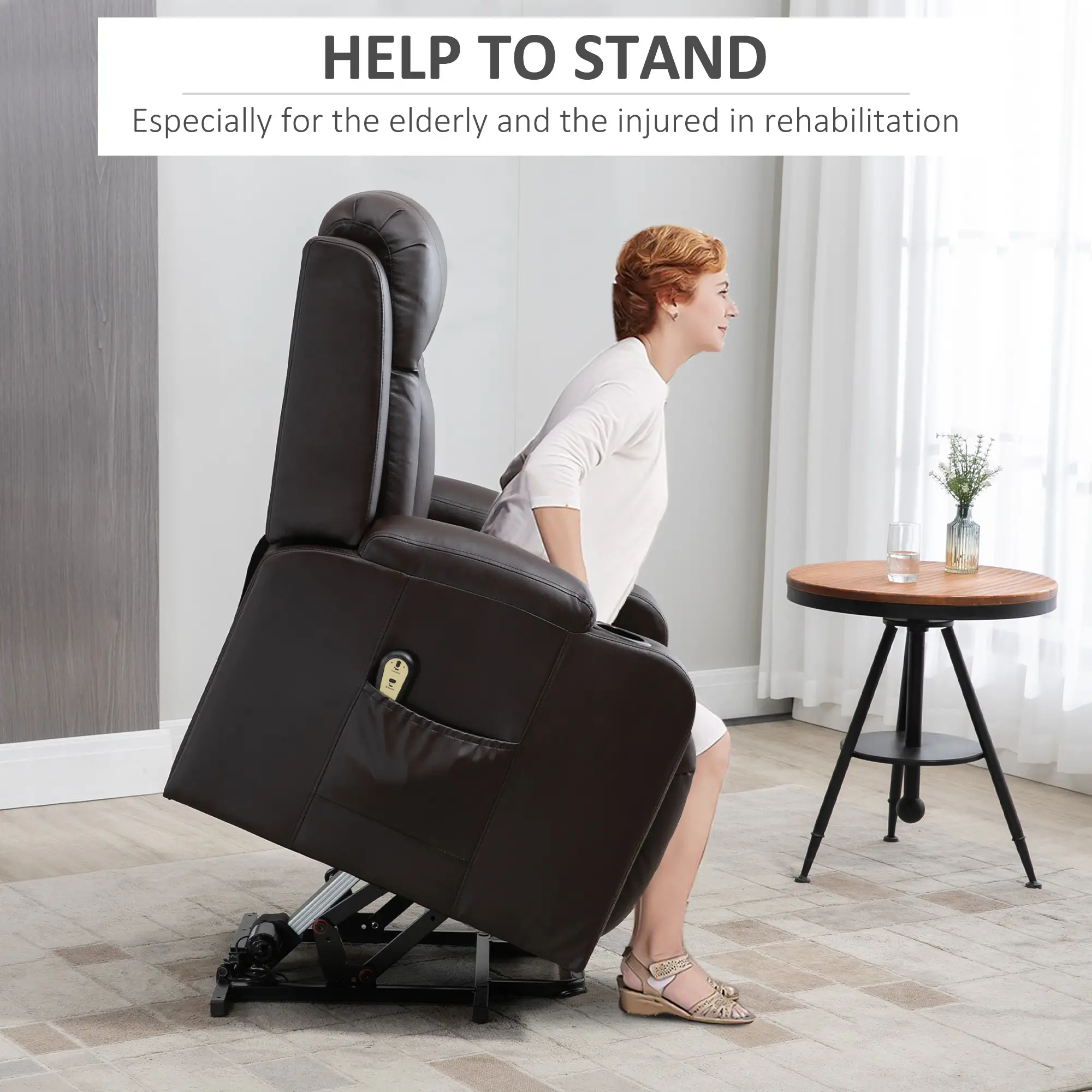 Electric Power Lift Chair, PU Leather Recliner Sofa with Footrest, Remote Control and Cup Holders, Brown - Image 5