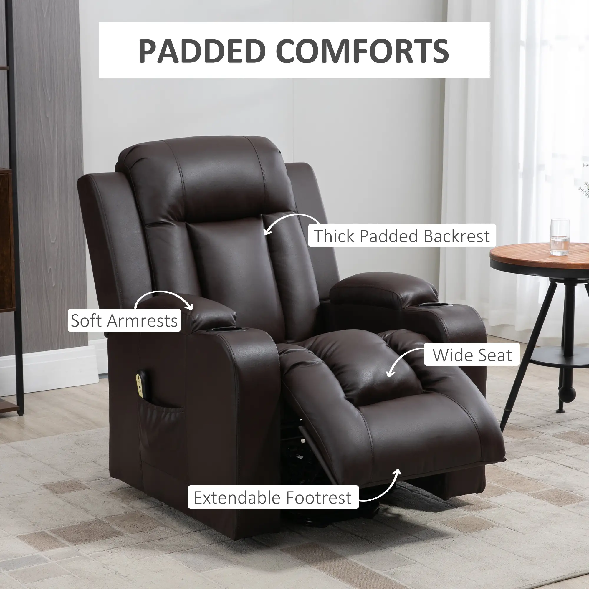 Electric Power Lift Chair, PU Leather Recliner Sofa with Footrest, Remote Control and Cup Holders, Brown - Image 6