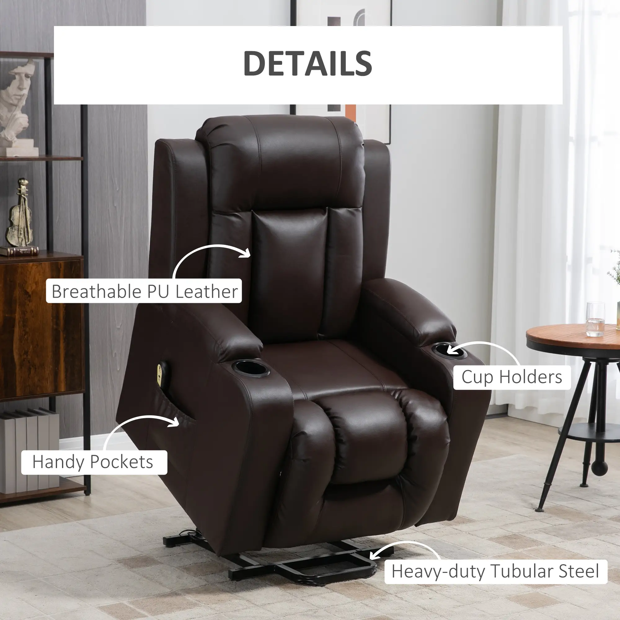 Electric Power Lift Chair, PU Leather Recliner Sofa with Footrest, Remote Control and Cup Holders, Brown - Image 7