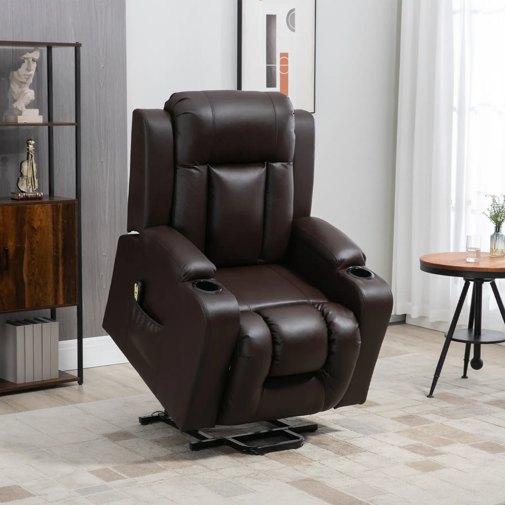 Electric Power Lift Chair, PU Leather Recliner Sofa with Footrest, Remote Control and Cup Holders, Brown - Image 8