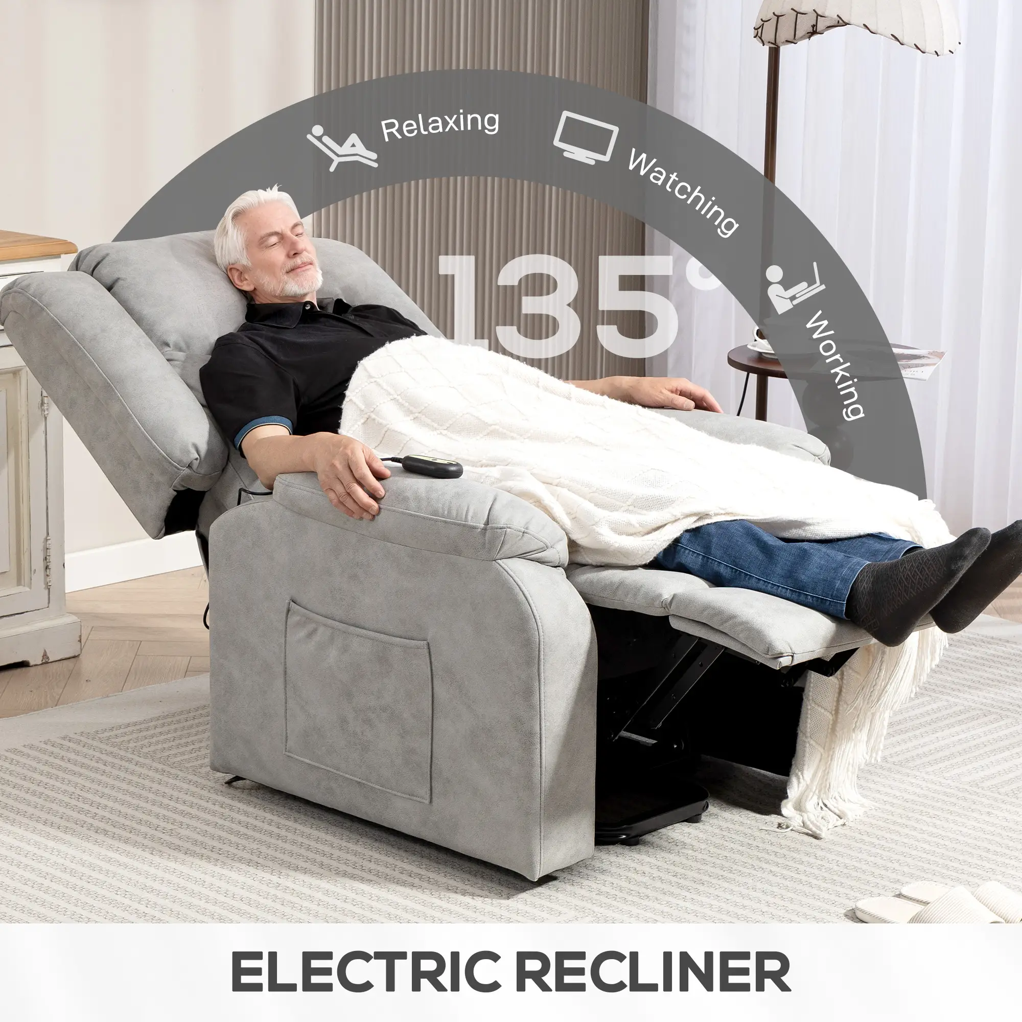 Electric Recliner Chair, Microfibre Upholstered, Remote Included, Light Grey - Image 5
