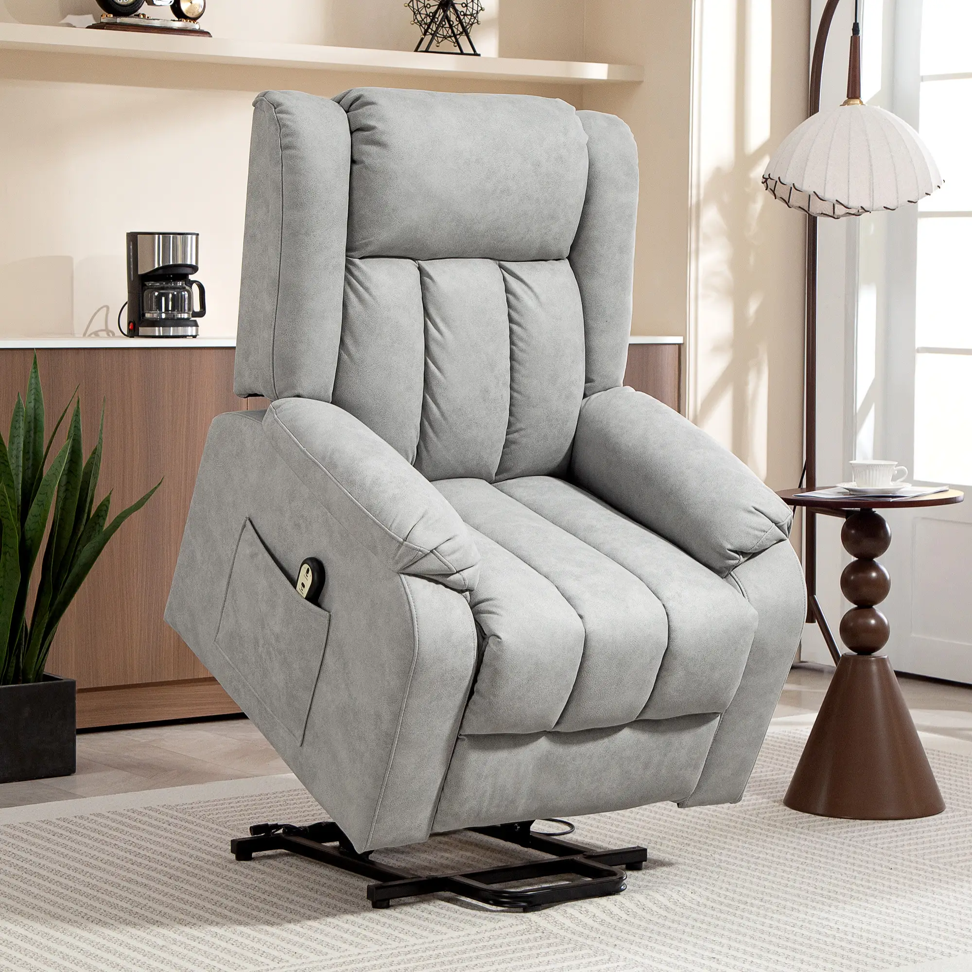 Electric Recliner Chair, Microfibre Upholstered, Remote Included, Light Grey - Image 8