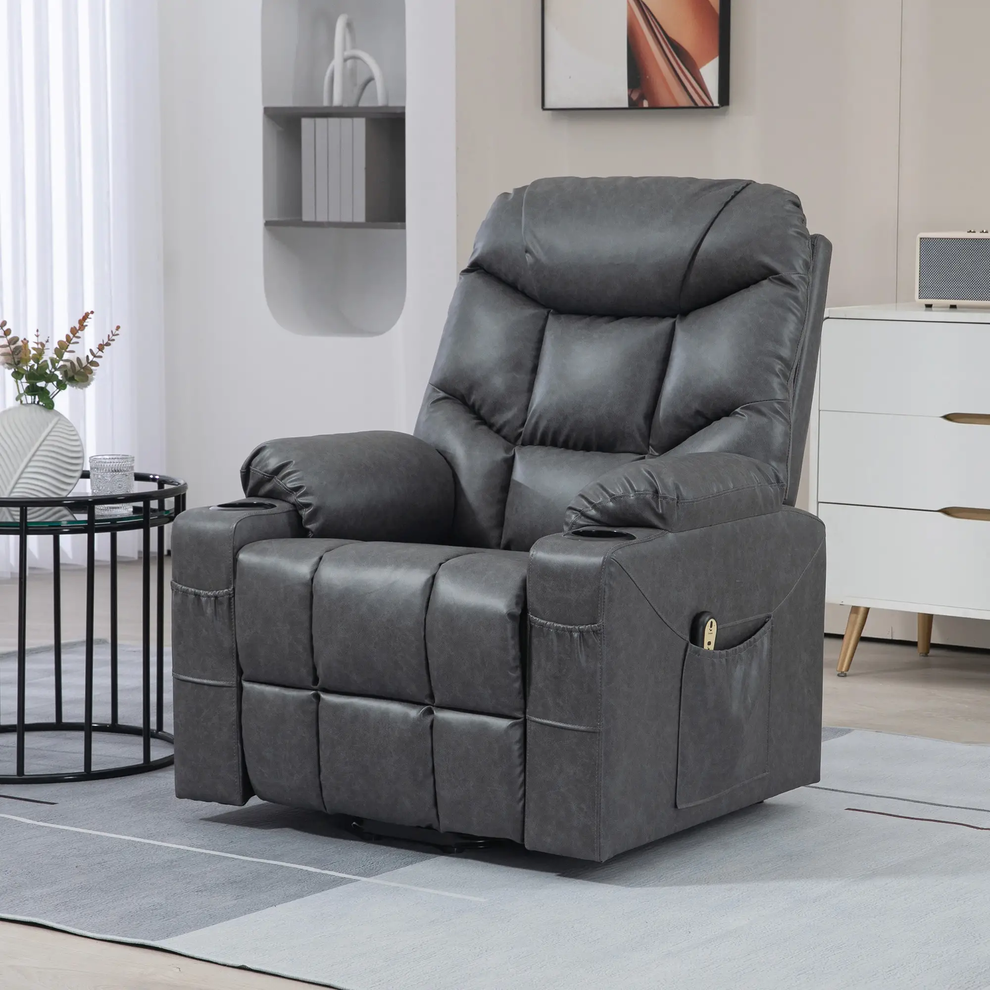 Electric Recliner Chair, PU Leather, Quick Assembly, Remote, Grey - Image 10
