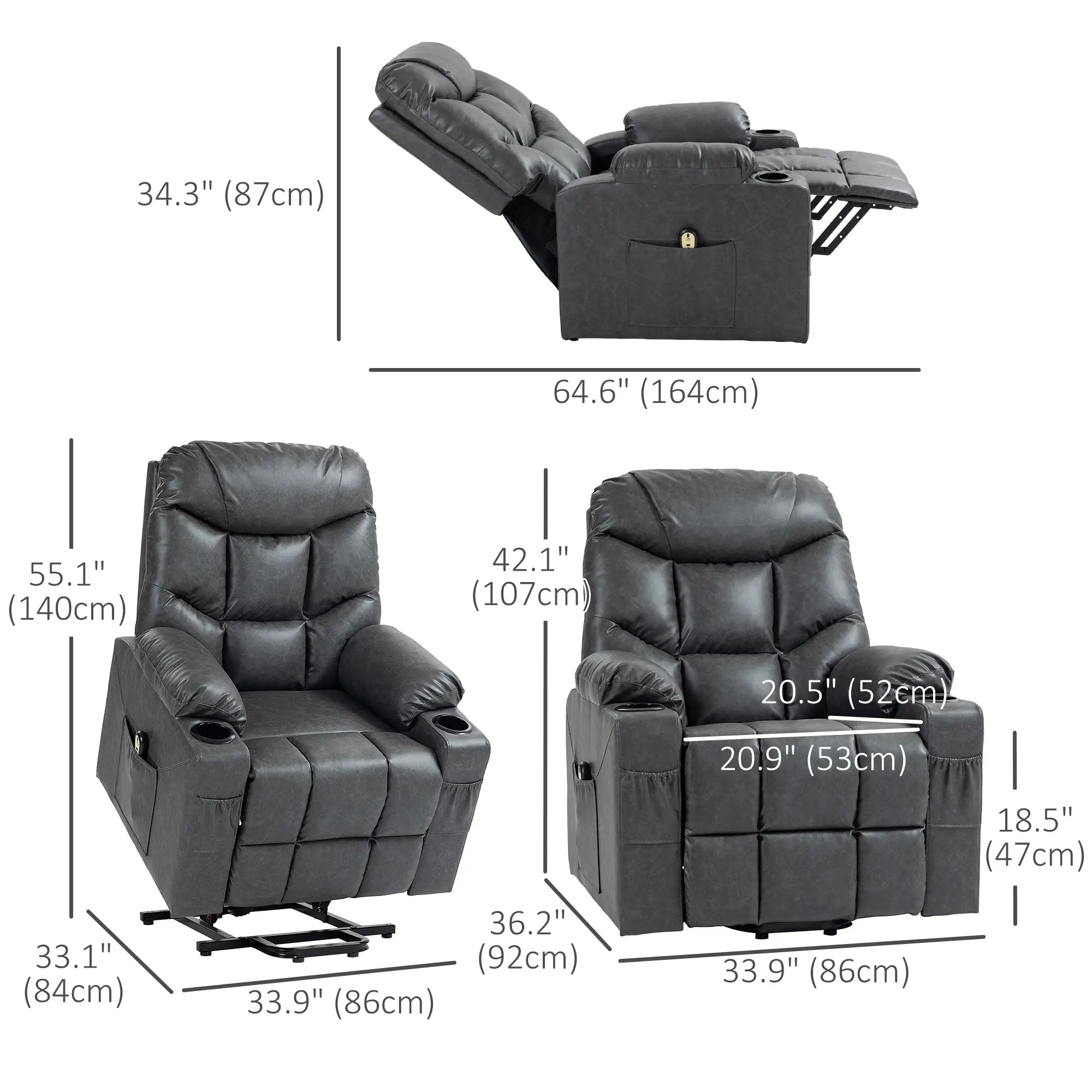 Electric Recliner Chair, PU Leather, Quick Assembly, Remote, Grey - Image 3