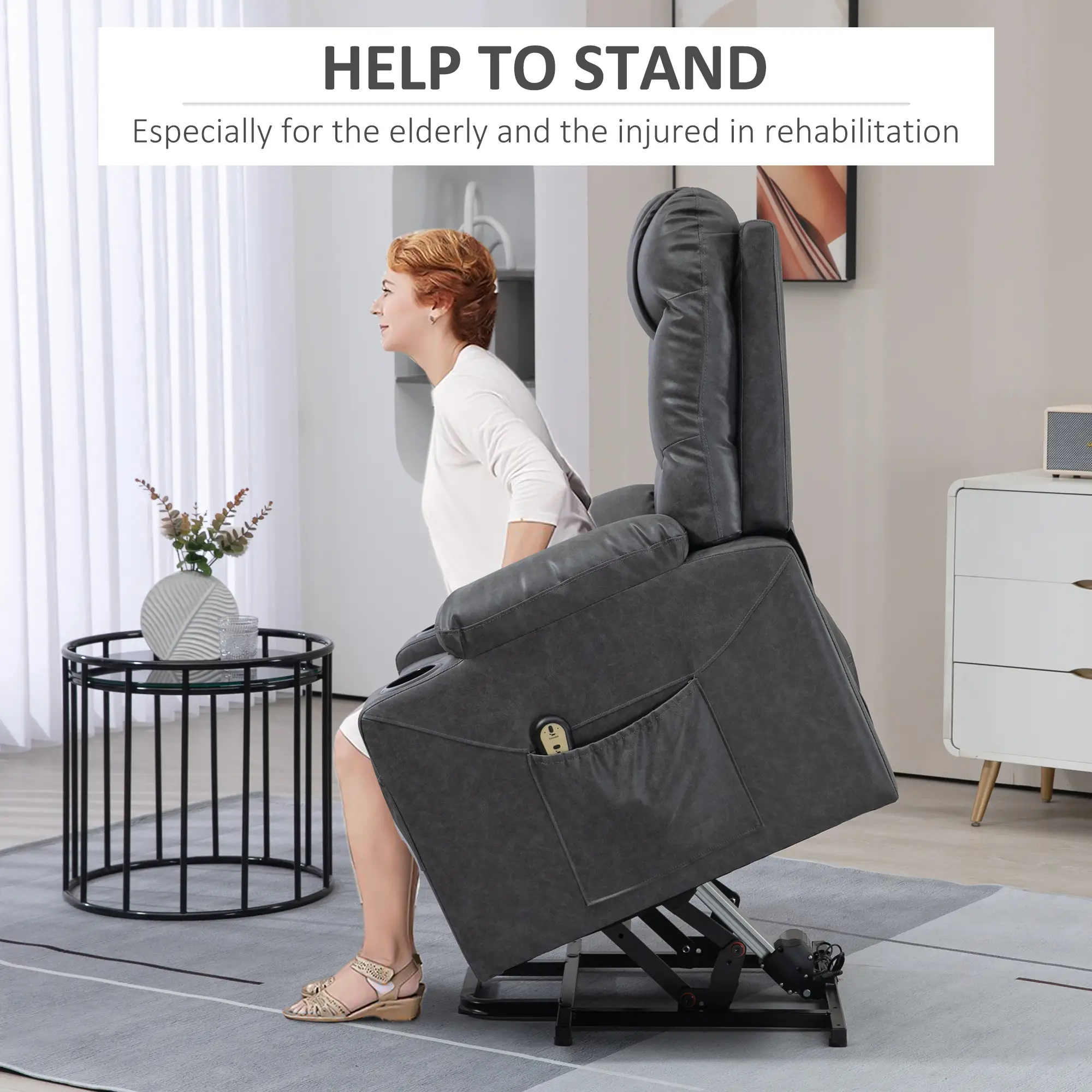Electric Recliner Chair, PU Leather, Quick Assembly, Remote, Grey - Image 4