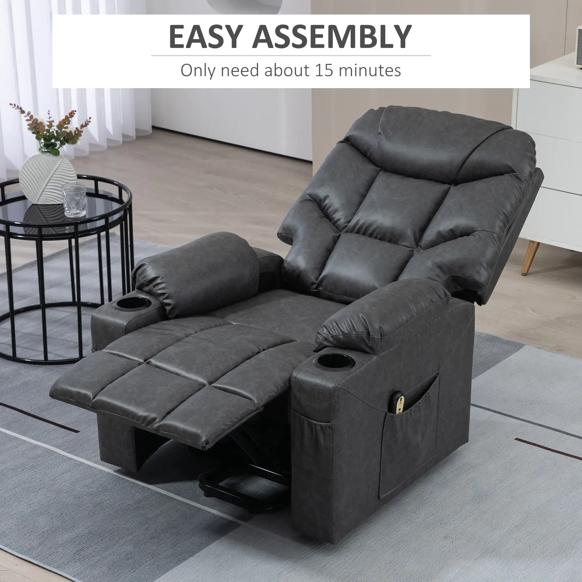 Electric Recliner Chair, PU Leather, Quick Assembly, Remote, Grey - Image 6
