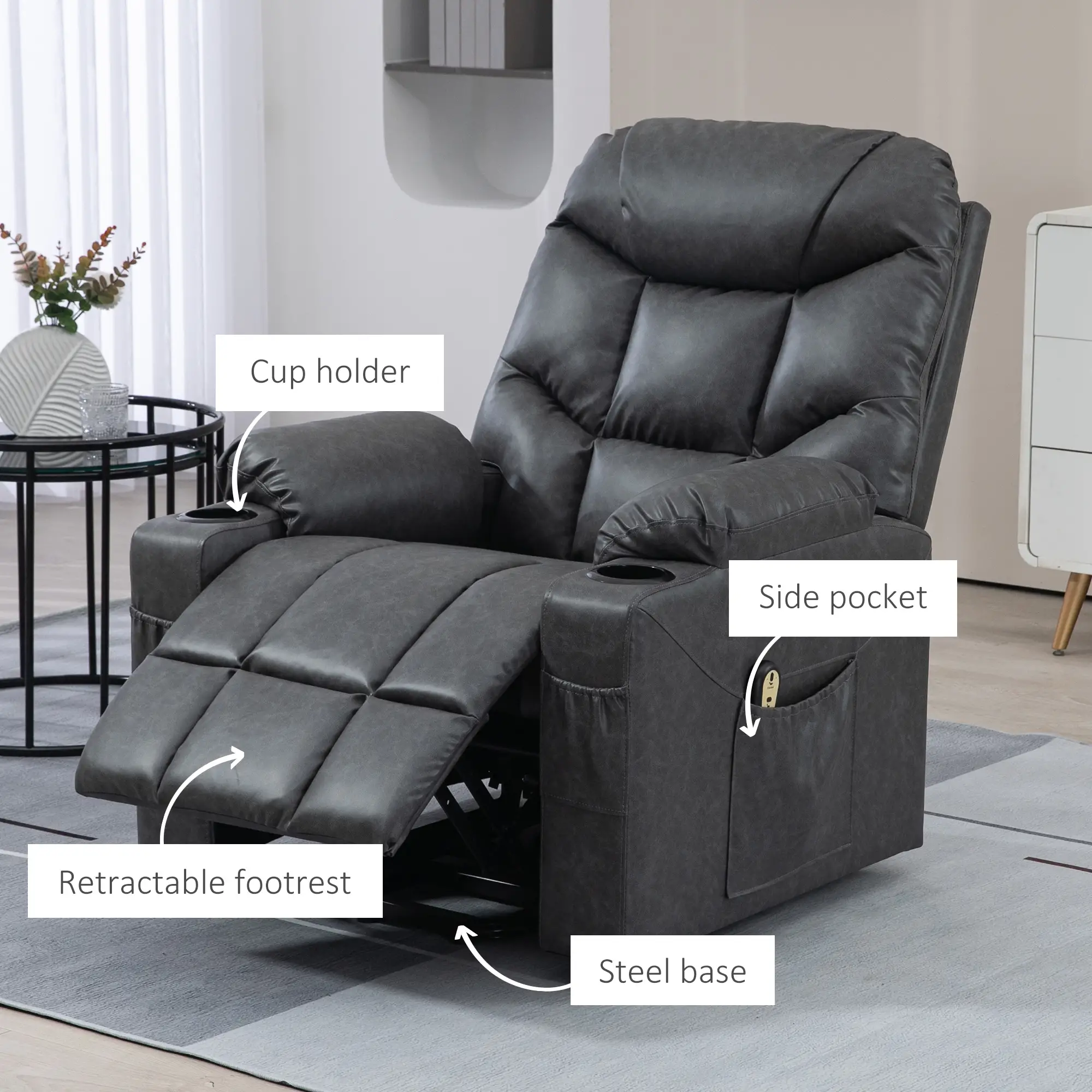 Electric Recliner Chair, PU Leather, Quick Assembly, Remote, Grey - Image 9