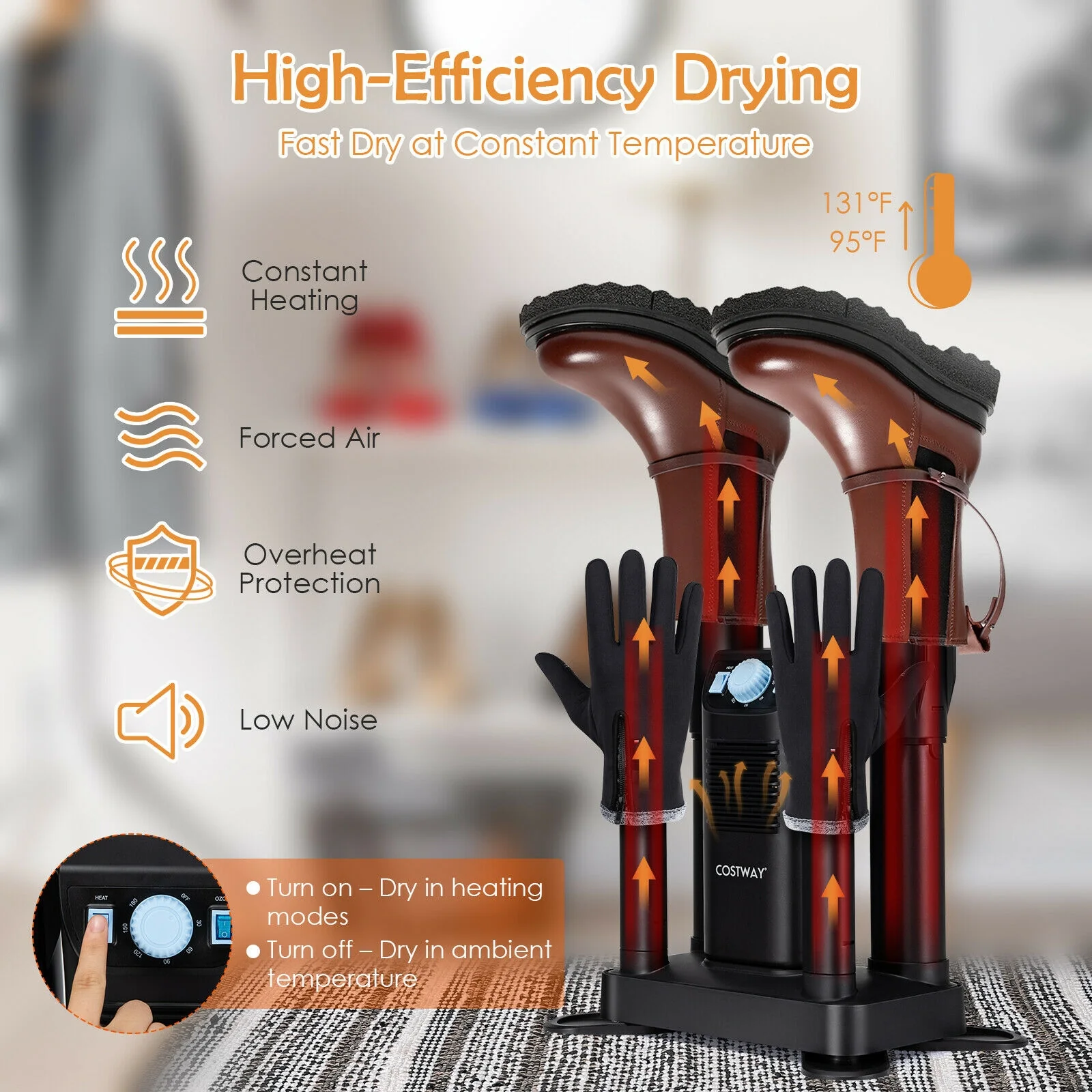 Electric Shoe Boot Dryer, 4 Shoes, 180 Mins Timer, Ozone Disinfection, Black - Image 3