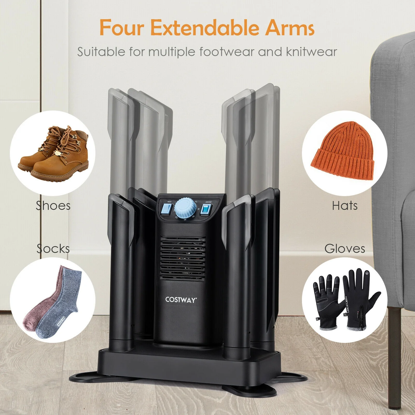 Electric Shoe Boot Dryer, 4 Shoes, 180 Mins Timer, Ozone Disinfection, Black - Image 9