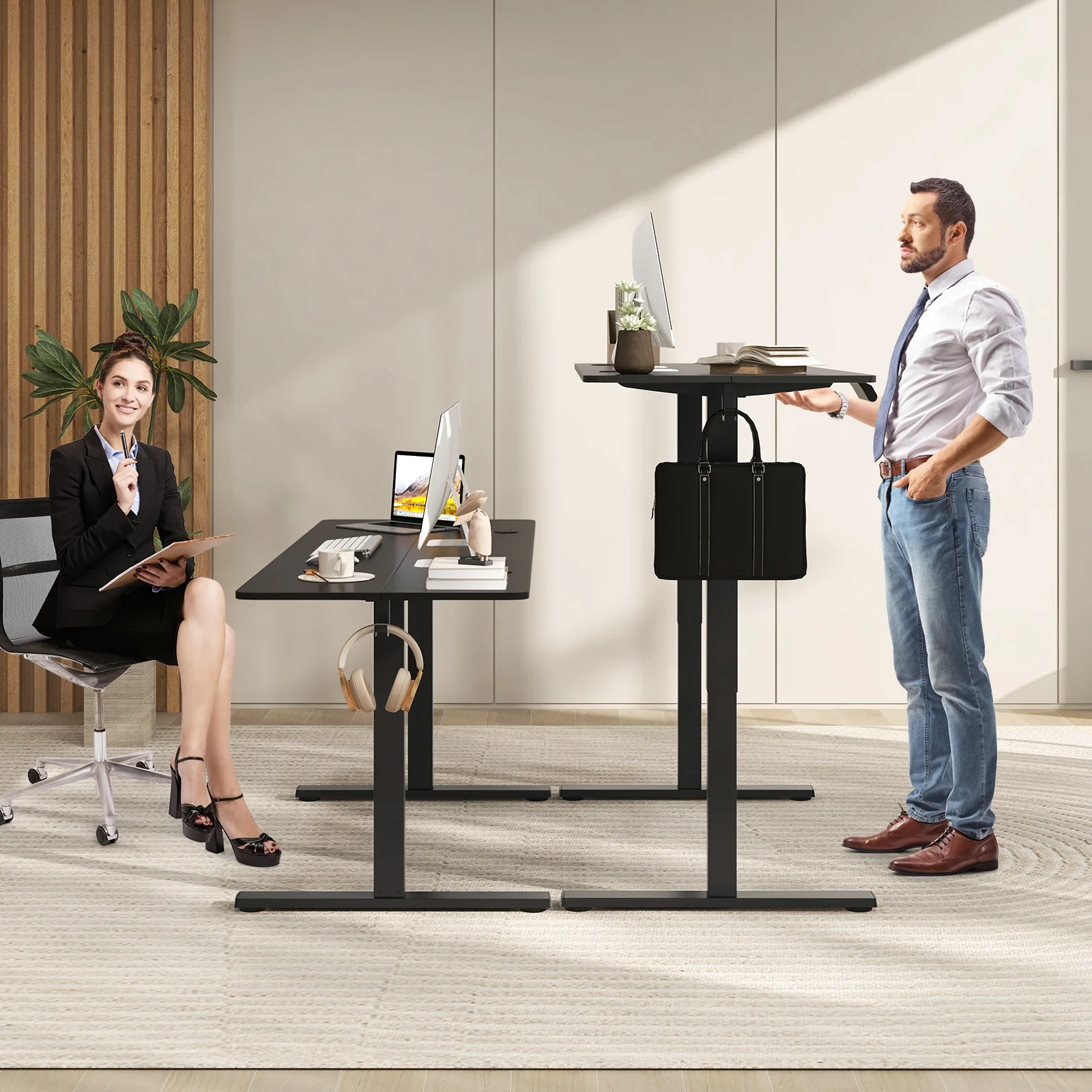 Electric Standing Desk, 3 Memory Heights, 2 Hanging Hooks, Cable Holes, Black - Image 3