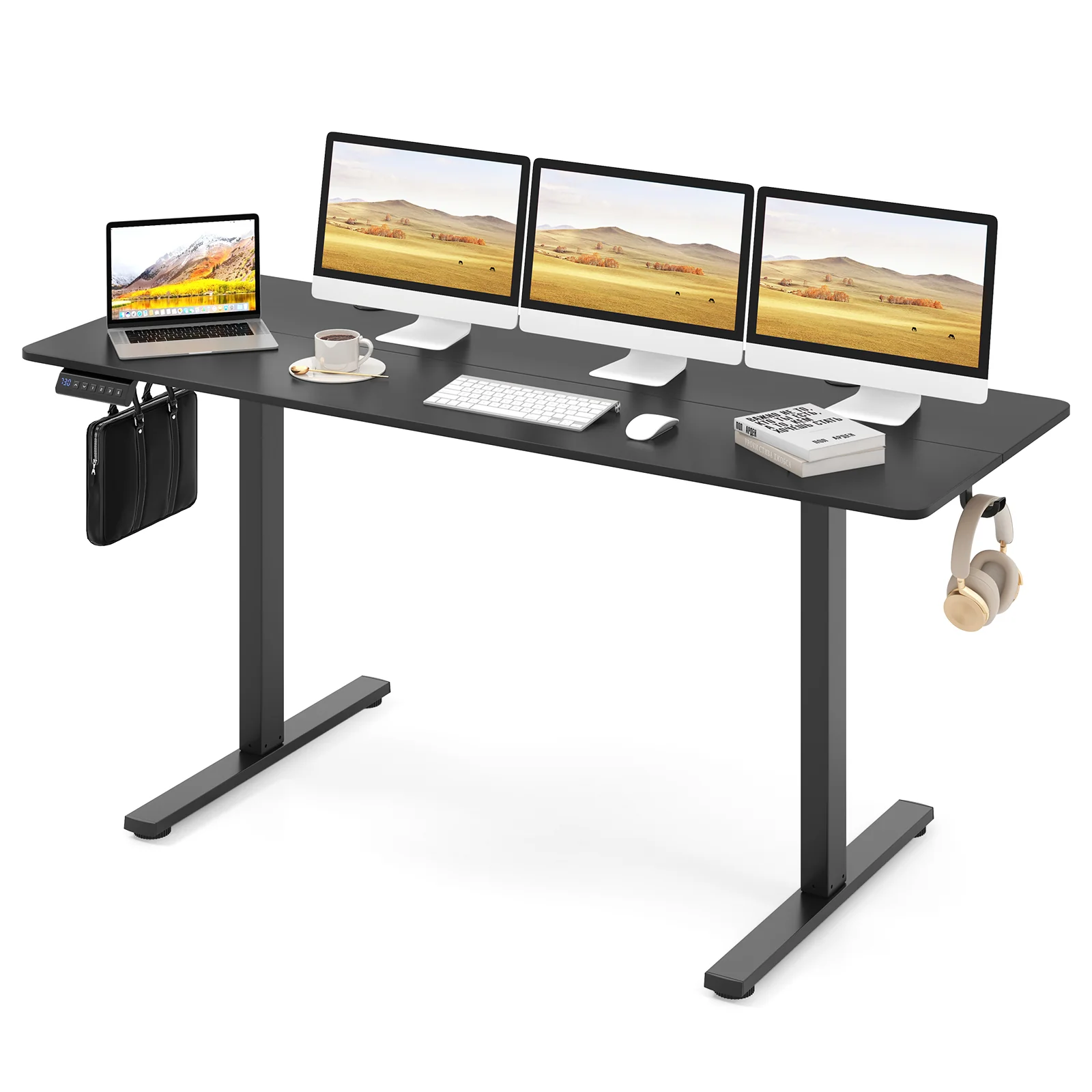 Electric Standing Desk, 3 Memory Heights, 2 Hanging Hooks, Cable Holes, Black - Image 5