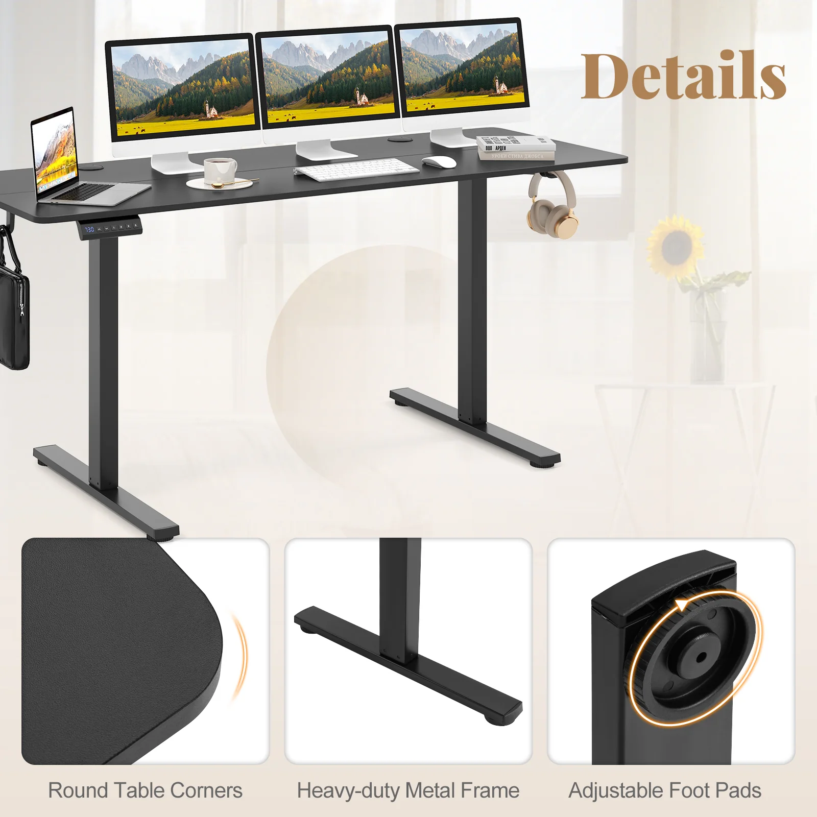 Electric Standing Desk, 3 Memory Heights, 2 Hanging Hooks, Cable Holes, Black - Image 7