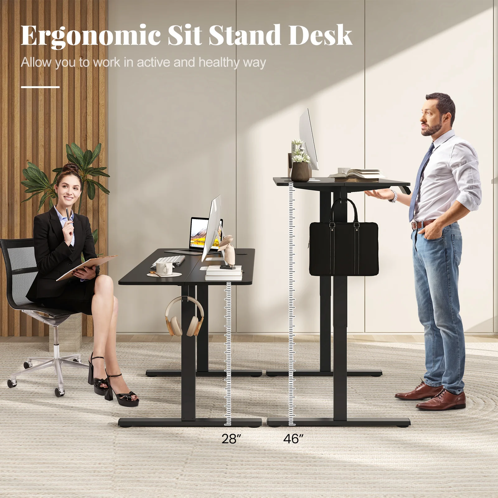Electric Standing Desk, 3 Memory Heights, 2 Hanging Hooks, Cable Holes, Black - Image 8