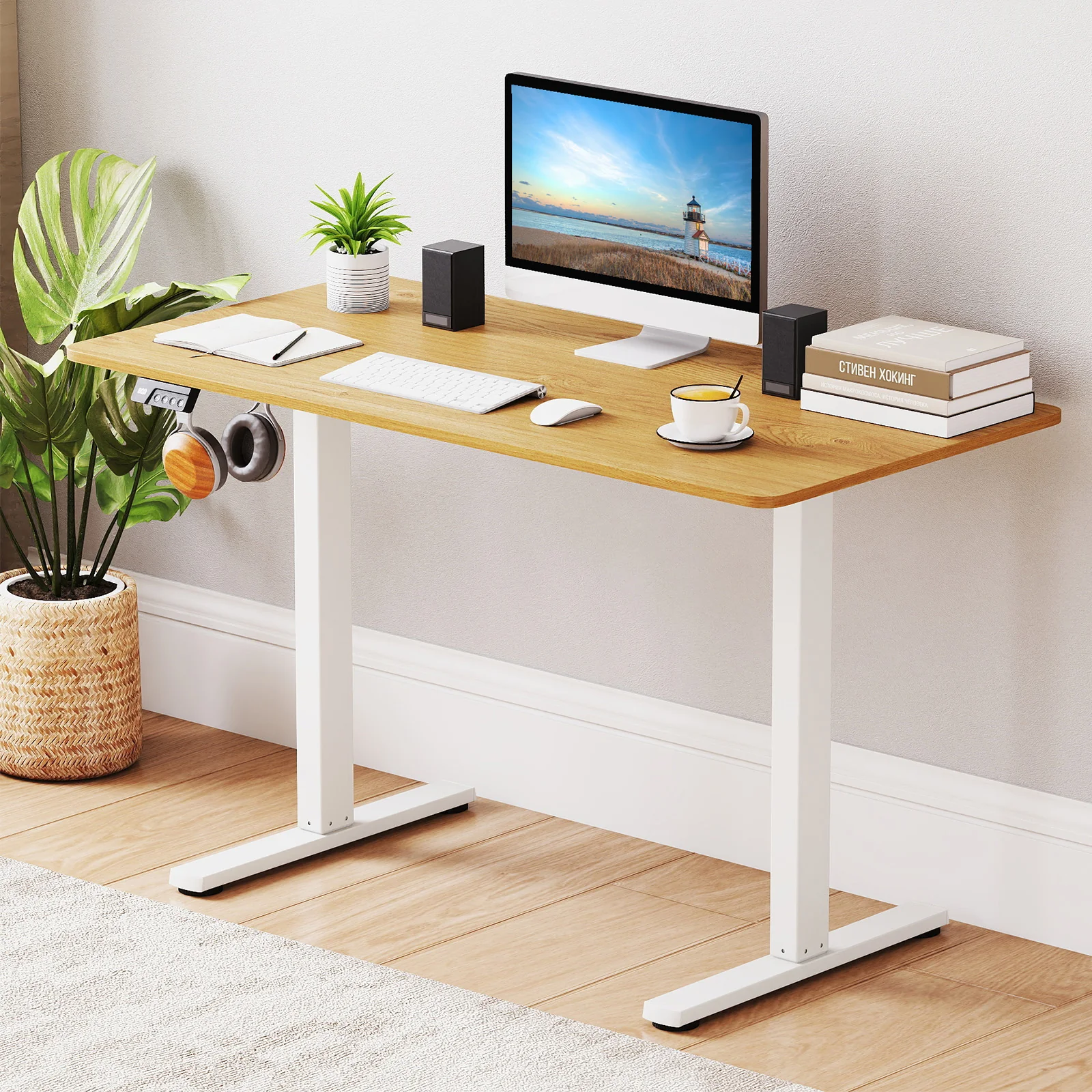 Electric Standing Desk Frame Height Adjustable Computer Desk Base with LED Display, White - Image 2