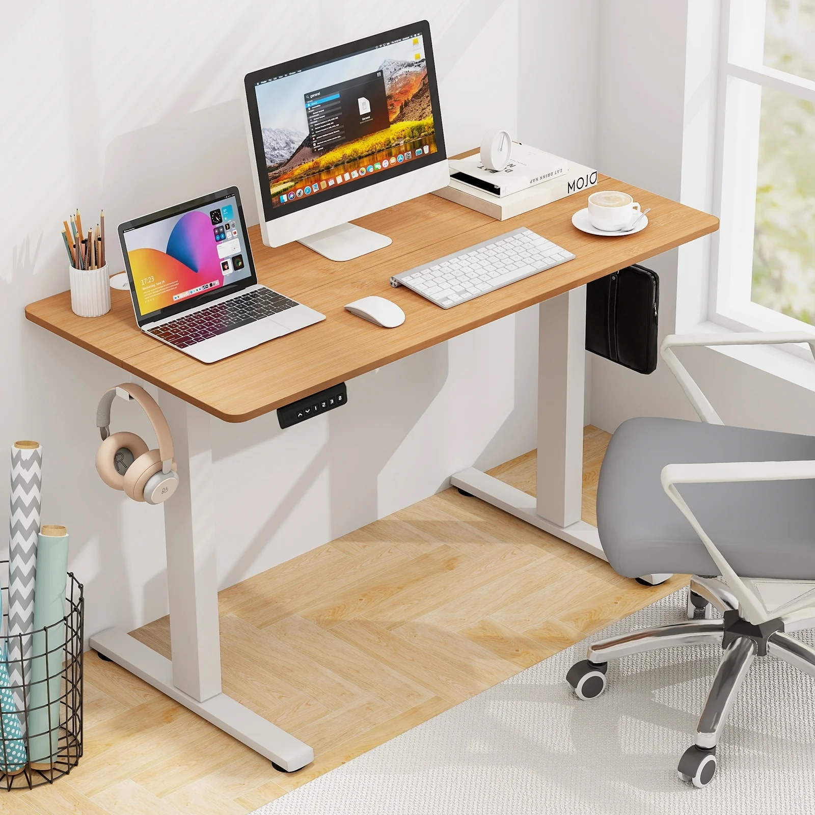 Electric Standing Desk with 3 Memory Height Settings and 2 Hanging Hooks & Cable Management, Natural - Image 2