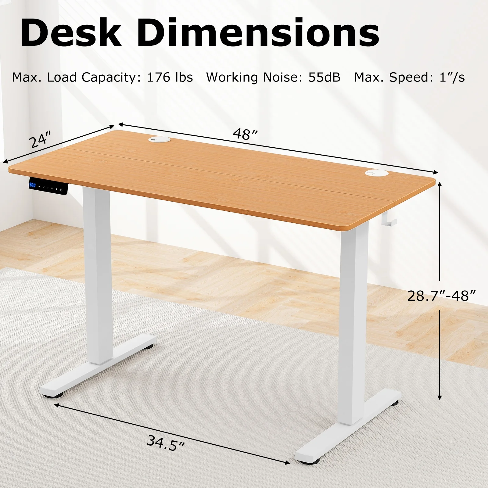 Electric Standing Desk with 3 Memory Height Settings and 2 Hanging Hooks & Cable Management, Natural - Image 6