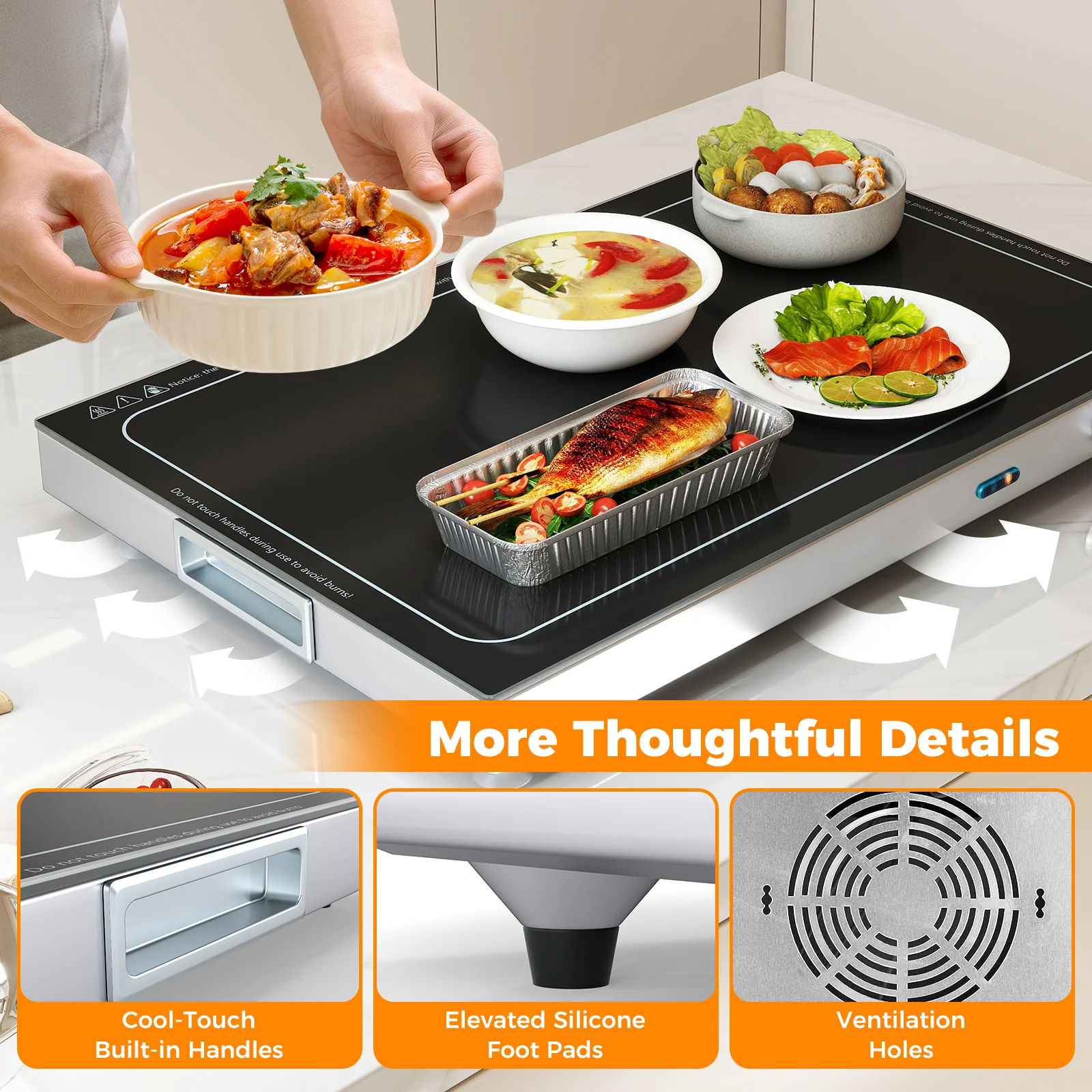 Electric Warming Tray with Adjustable Temperature and Built-In Handles Tempered Glass - Image 10