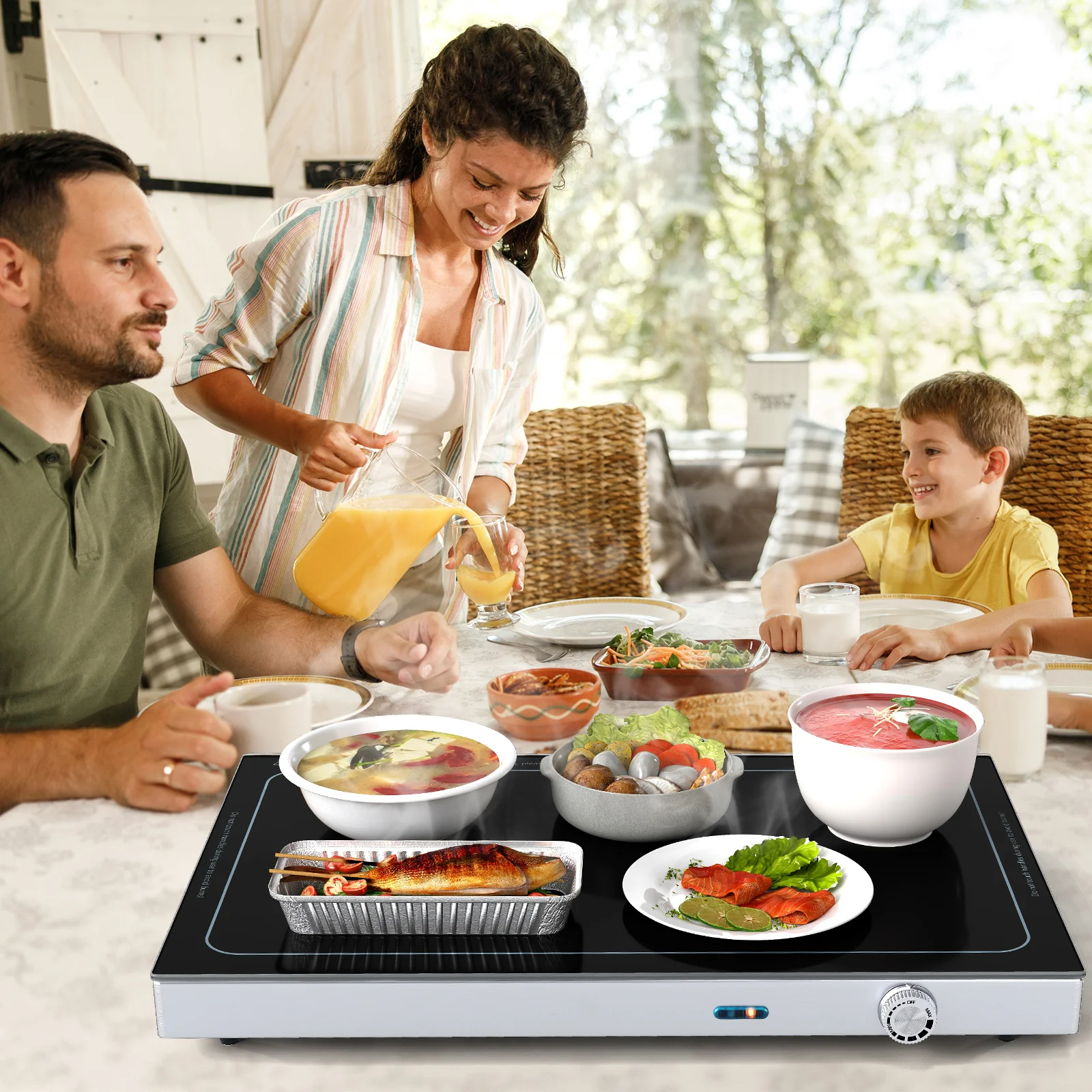 Electric Warming Tray with Adjustable Temperature and Built-In Handles Tempered Glass - Image 2