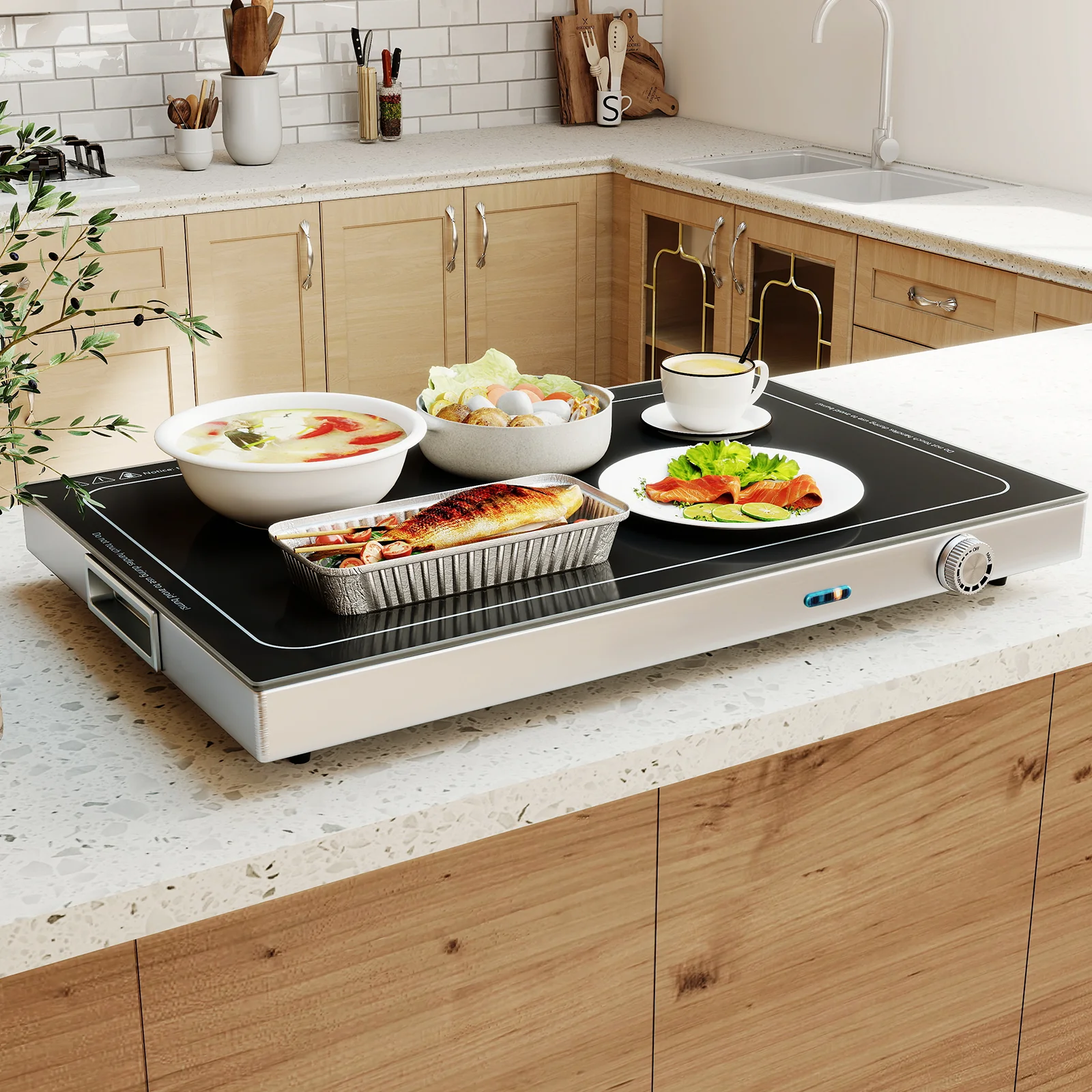 Electric Warming Tray with Adjustable Temperature and Built-In Handles Tempered Glass - Image 3