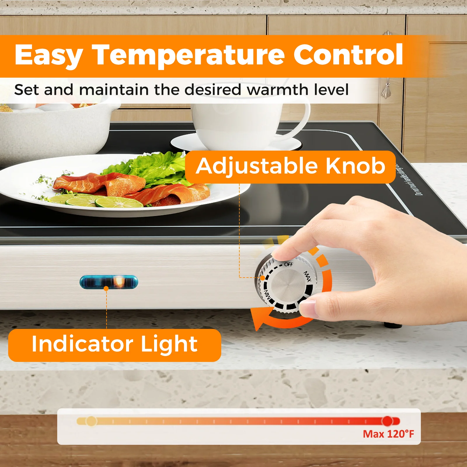 Electric Warming Tray with Adjustable Temperature and Built-In Handles Tempered Glass - Image 8