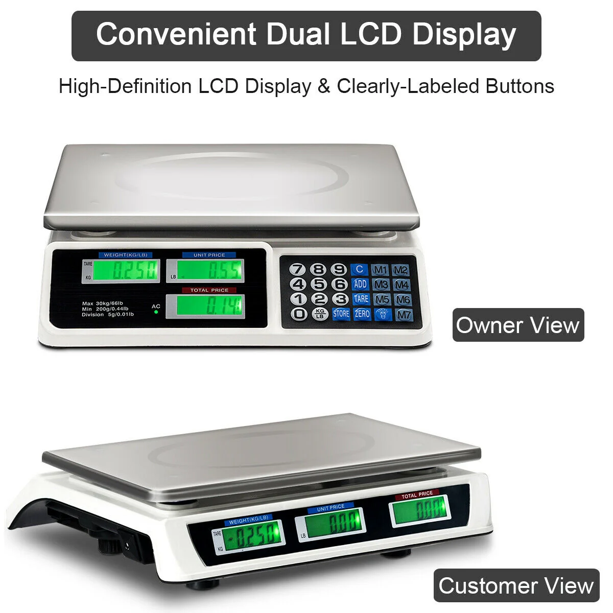 Electronic Price Computing Scale, 66 lbs, LCD Screen Display, Silver - Image 6