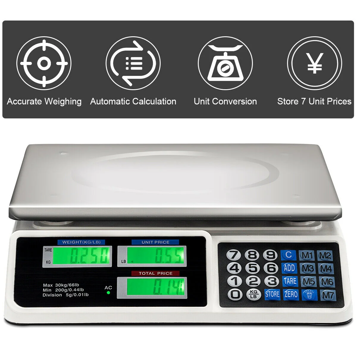 Electronic Price Computing Scale, 66 lbs, LCD Screen Display, Silver - Image 7